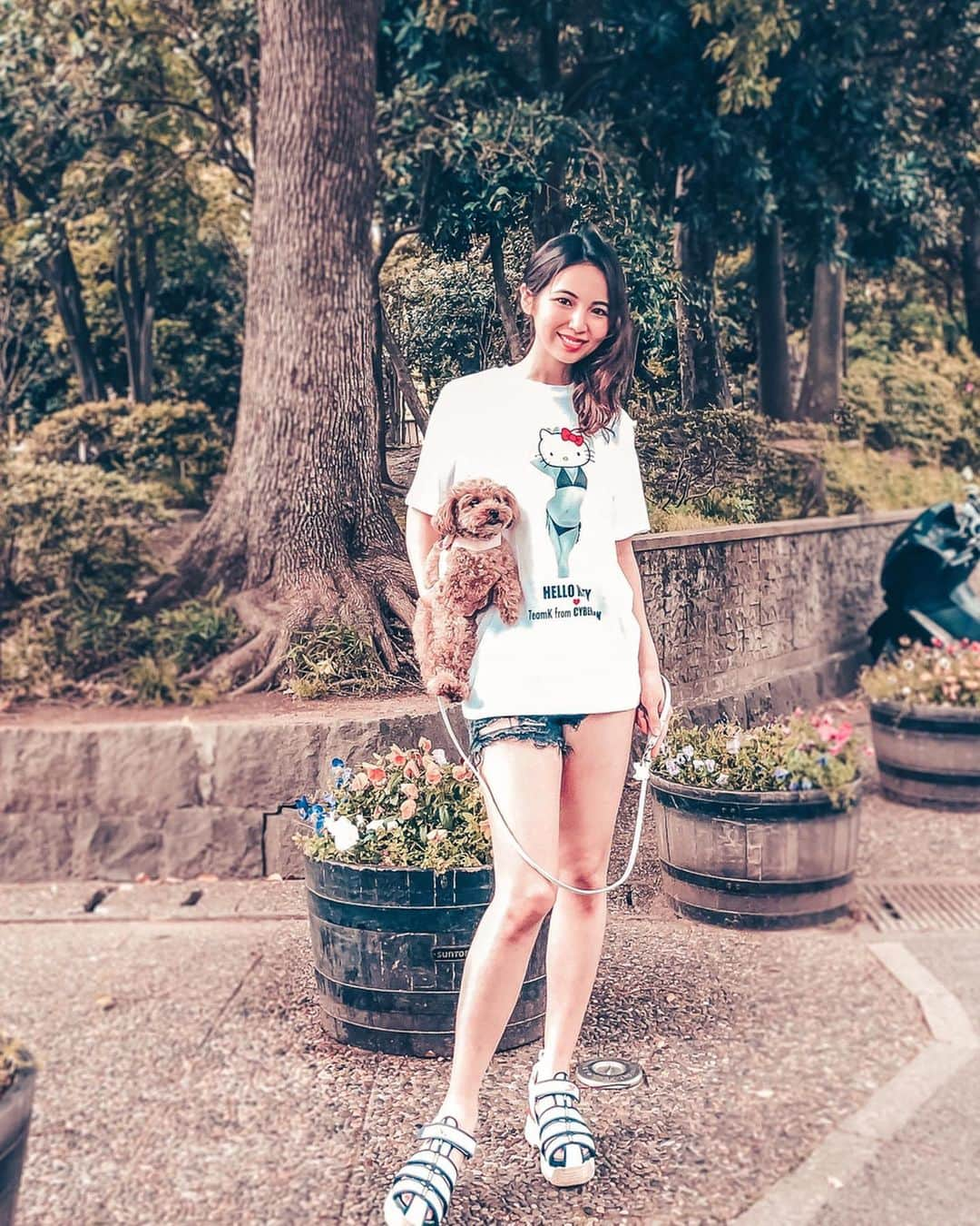 DJ Cellyさんのインスタグラム写真 - (DJ CellyInstagram)「今日のお散歩は🐾. 新しいＴシャツで👙♥️♥️. . 早く元の生活に戻って、また一緒にお仕事したいなあ🥰. . . #春 #お散歩 #春コーデ #ootd #ootdfashion #springfashion #sky #japan_of_insta #sunnyday #cyberjapan #toypoodle #tシャツ #hellokitty #teacuppoodle #トイプードル #トイプードルレッド #トイプードル女の子 #トイプー #ilovemydog #dogstagram #いぬすたぐらむ  #わんすたぐらむ #ティーカッププードル #エブリドッグ  #fluffy #fluffydog #タレ目犬 #toypoodlelife #toypoodlegram #toypoodlelove」5月9日 20時13分 - celly_cecilia