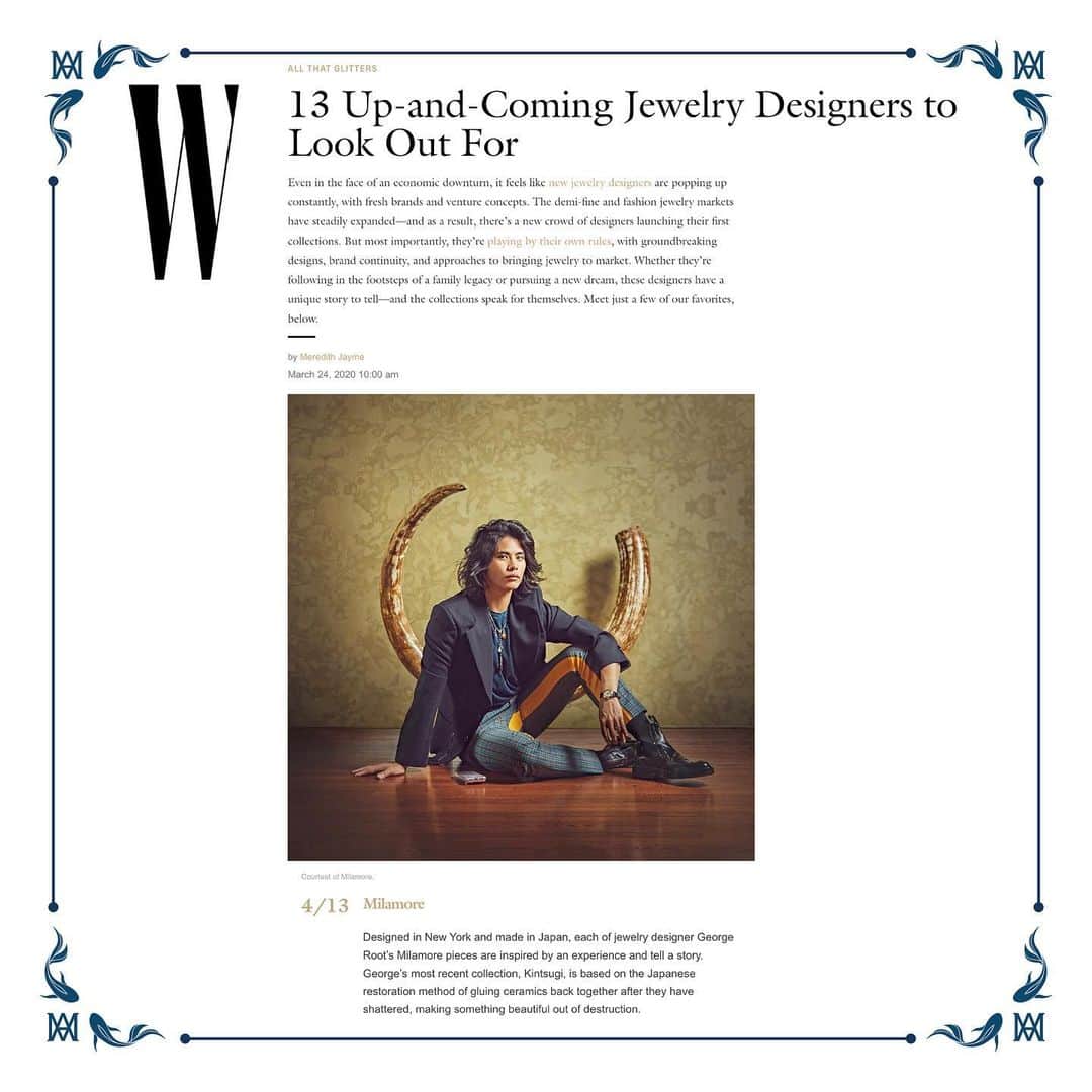 稲木ジョージのインスタグラム：「Thank you @wmag for mentioning myself as an up-coming jewelry designer to look out for! @milamorejewelry has turned 1 years old in April 10th 🎂🎉 I’m beyond grateful for my team, clients and to everyone who believed in us and from the beginning! I have so many projects that I want to do and one of them is to open my store in New York🥴❤️ I know it sounds unrealistic right now but hey, dreaming cost nothing so let me dream 🤣🙏 ニューヨーク発ですごく好きな雑誌、Wマガジンに、「注目すべきジュエリーデザイナー」として取り上げていただきました🤯🎉 その上、忙しすぎて気づかなかったが、ミラモアが誕生してから一年が過ぎました！ミラモアを作りあげてくれているチームを始め、顧客さま、そして応援してくださっている方々には、足を向けて寝れないくらい感謝してるっす🙇🏿‍♂️まだまだ達成したい夢が山ほどあるため、ミラモア帝国を作るべく、コツコツと地味にやっていきたいと思います🏃‍♀️このご時世だからこそ、今年中には自分が住む街、ニューヨークにもお店をオープンできたらなと思います💎PR出身だった自分がいま、こうしてクリエイティブでキャリアができているのは夢のようであり、幸せ者だと実感しております🥺まだ見れてない景色を見なきゃ😍🤩」