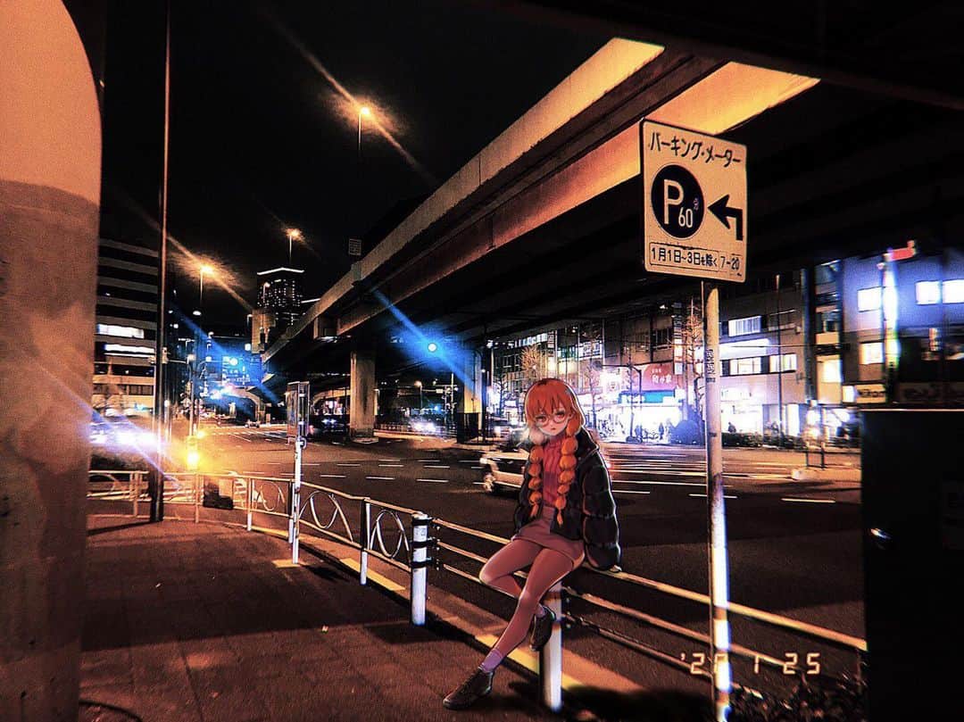 家長むぎのインスタグラム：「久しぶりの投稿です📸﻿ 夜のお散歩好き ﻿ ﻿ ﻿ ────────────﻿ ────────────﻿ ﻿ ﻿  #illustration #pic #ダウン #jc #nightphotography #nightwalk #akihabara #夜のお散歩 #vtuber #寒い ﻿ #おうち時間 #stayhome ﻿ #これは1月の撮影データ #吐く息が白い ﻿ ﻿ ﻿ ────────────﻿ ──────────── ﻿ ﻿ Photo : LuA」