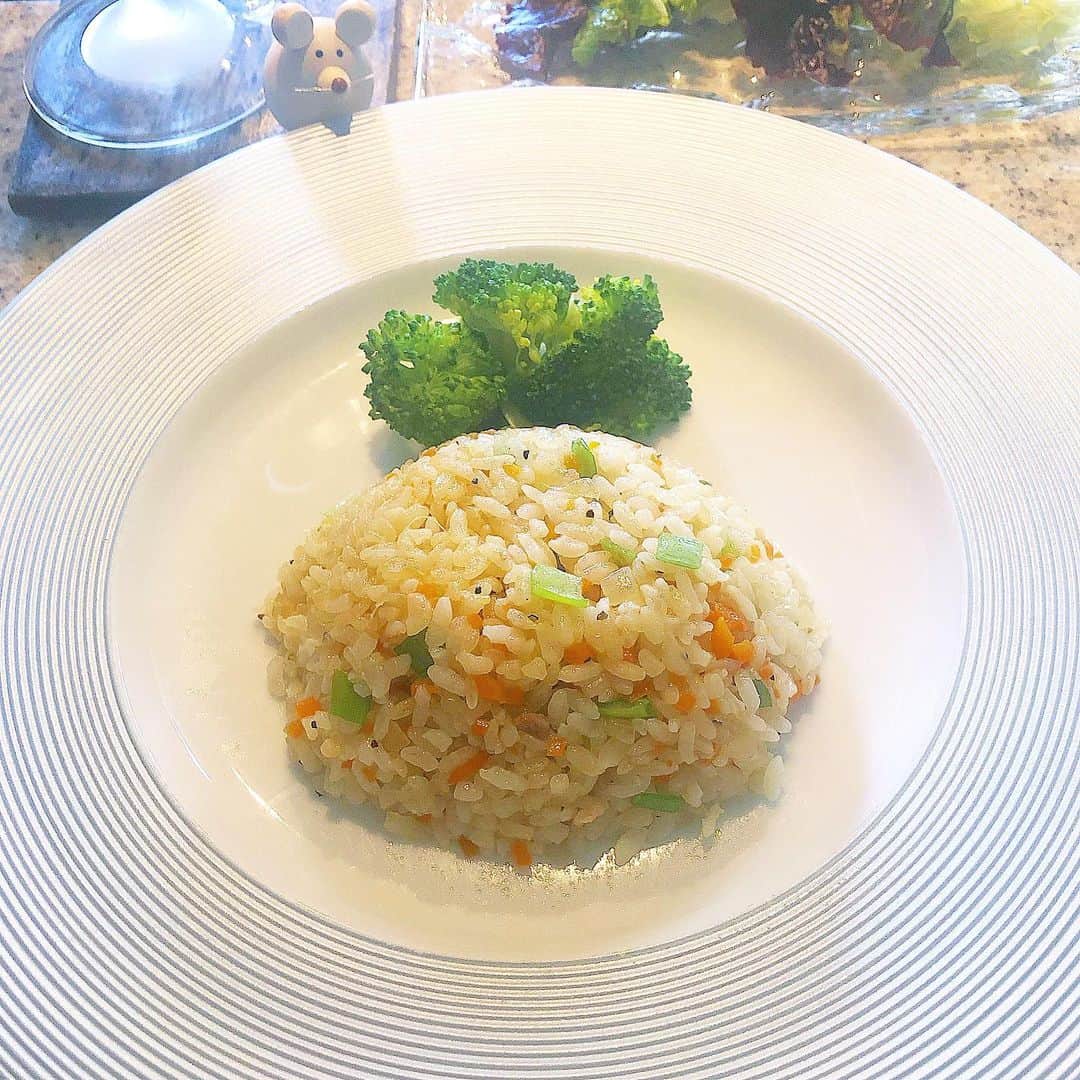 榊山敬代のインスタグラム：「🍚🥦🥕🧅🥓… ・ きのうはお久しぶりに チャーハンランチの巻  たまにはチャーハンも ほっこりとおいしいナ  そういえば最近では すっかり卵つかわず  今回は卵無しのシンプル モッチリチャーハンにて  さてきのうは早速と zoom会議挑戦の巻  30分のつもりが1時間延長  ６人で打ち合わせしてみたのだけれど ちょっと音声が聞き取りにくかったり  まだまだ慣れないので訓練中  なんだか不思議な時間でしたけど みなさんの顔が見れてひと安心也  次回はもう少しまとめてから会議する作戦 ・ ・ ・ ・ #おうち時間 たのしみ週間 #zoom会議 ・ ・ ・ 🍳""… ・ ・ #zoom #おうちランチ #ランチ #lunch #おうちごはん #food#手作り料理 #お料理 #チャーハン #炒飯 #白米 #ネギ #carrot #お肉 #onion #お米 #ブロッコリー #broccoli #artist #cooking #日本画家 の #お料理こんなもん  #Coronavirus#コロナウイルスが早く終息しますように」