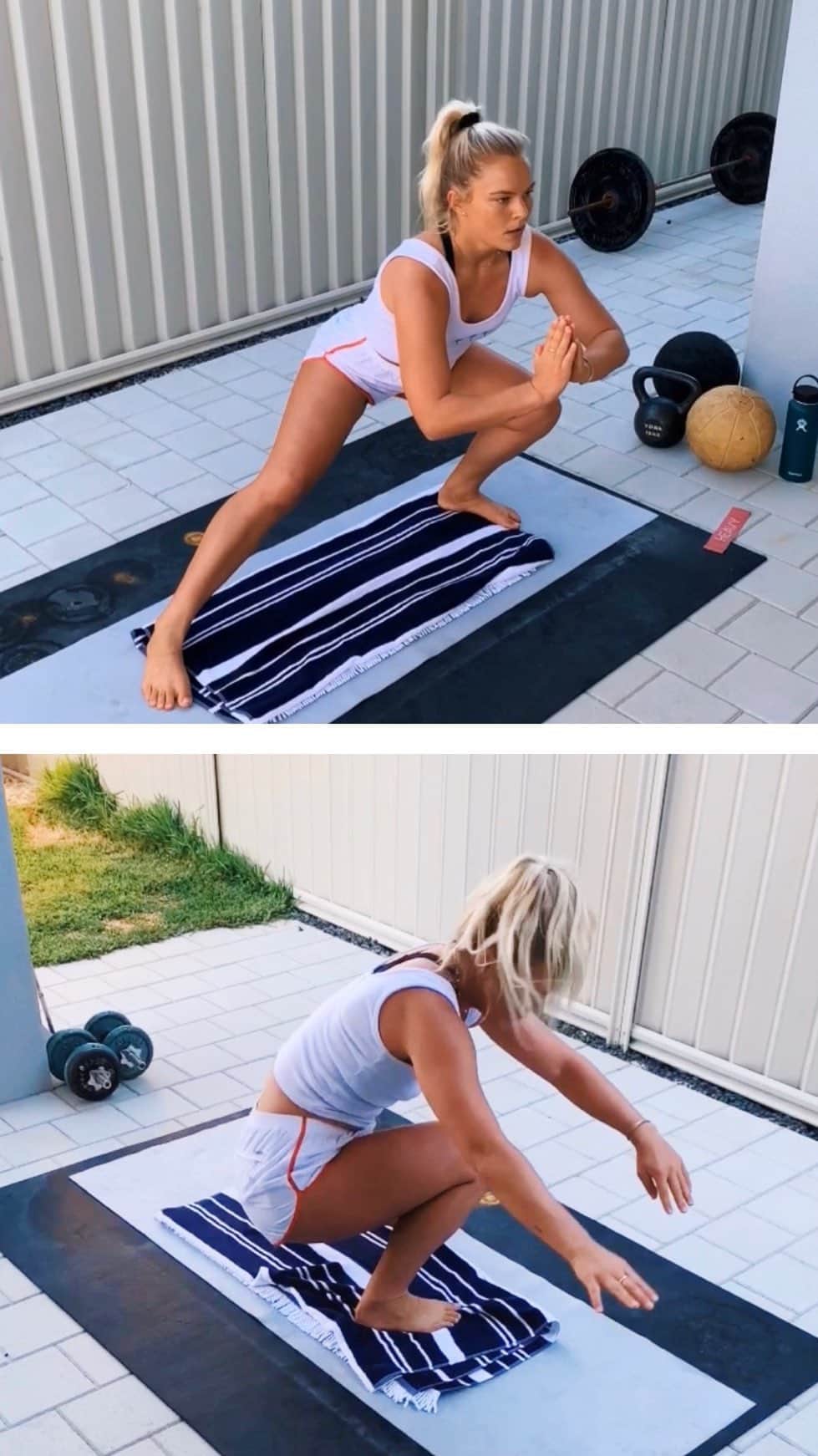 フェリシティー・パルマティアーのインスタグラム：「Here’s a little workout that I do to warm up before a surf session or if I’m not surfing to stay on top of my surf fitness 🏄🏼‍♀️🏄🏼‍♂️ SURF POP UPS - 5 each side It’s a fundamental movement for surfing but it’s amazing how much this help by just doing it on land. You become so much more fluid, stronger and quicker at popping up.  LATERAL LUNGE TO LATERAL SLIDE (that’s what I call it) - 10 each side  Do this nice and smoothly and controlled.  SIT UP - STAND UP - 10 reps  Amazing for working on your core strength and explosive power, which is crucial for surfing.  TIGER CRAWL - up and back  Great for core strength. Hands under shoulders, knees under hips, try and keep your back in a neutral position. Move your opposite arm and opposite leg at the same time. Take it slow to make sure your form is correct.  PUSHUPS - 10 reps  I hate pushups and I’m still working on my form with these! But they are a great exercise 😅  BOX JUMPS - 10 reps  Again great for building explosive power. If I’m at the beach and can’t jump onto anything I’ll just do 10 jump squats on the spot.  Rest 30secs to 1 min between each exercise. Repeat circuit 3-4 times.  Save me for later ↗️↗️」