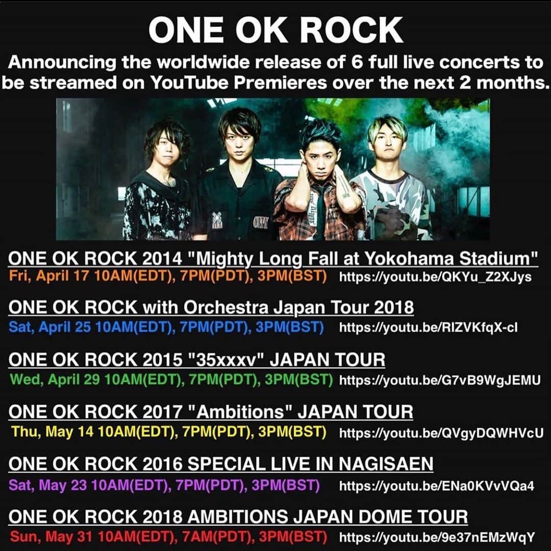 Fueled By Ramenさんのインスタグラム写真 - (Fueled By RamenInstagram)「Announcing the worldwide release of 6 full live concerts to be streamed on YouTube Premieres over the next 2 months. #ONEOKROCK」4月16日 7時17分 - fueledby