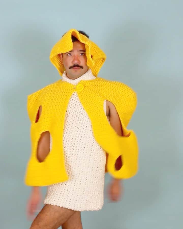 Phil Fergusonのインスタグラム：「CHEESE CHEESE CHEESE CHEESE BABY BABY BABY  I guess this is how the cheese in your fridge looks when it’s trying to seduce you to eat it late at night.  A few weeks ago when I really cbf’d making stuff I was watching @rupaulsdragrace and they had that cape runway. As always I thought what I could potentially do and I figured I’d do some sort of cheese cape outfit (though I wasn’t planning on looking like Basic Instinct Sharon Stone but 🤷‍♂️). But anyway, it’s what got me back in the making spirit in this grim time!  Anyway, I’ll keep making on and I hope everyone is keeping safe.」