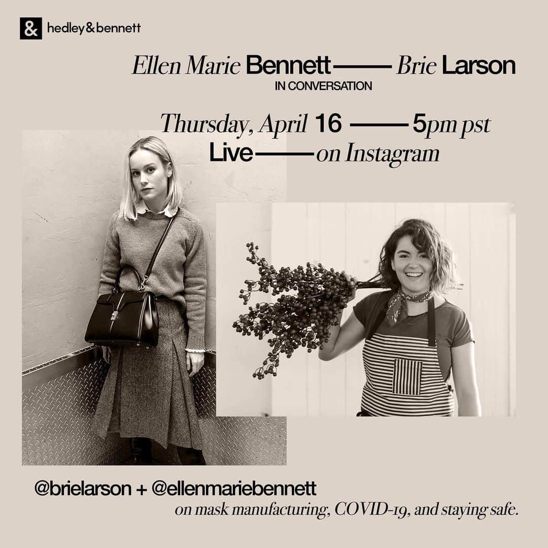 のインスタグラム：「Please join @ellenmariebennett of @hedleyandbennett and me live on Instagram, tomorrow (Thursday) at 5pm PST for a conversation about mask making, COVID-19 and staying safe. I’m so inspired by Ellen and can’t wait to share what I’ve learned from her. See you all tomorrow 💞」