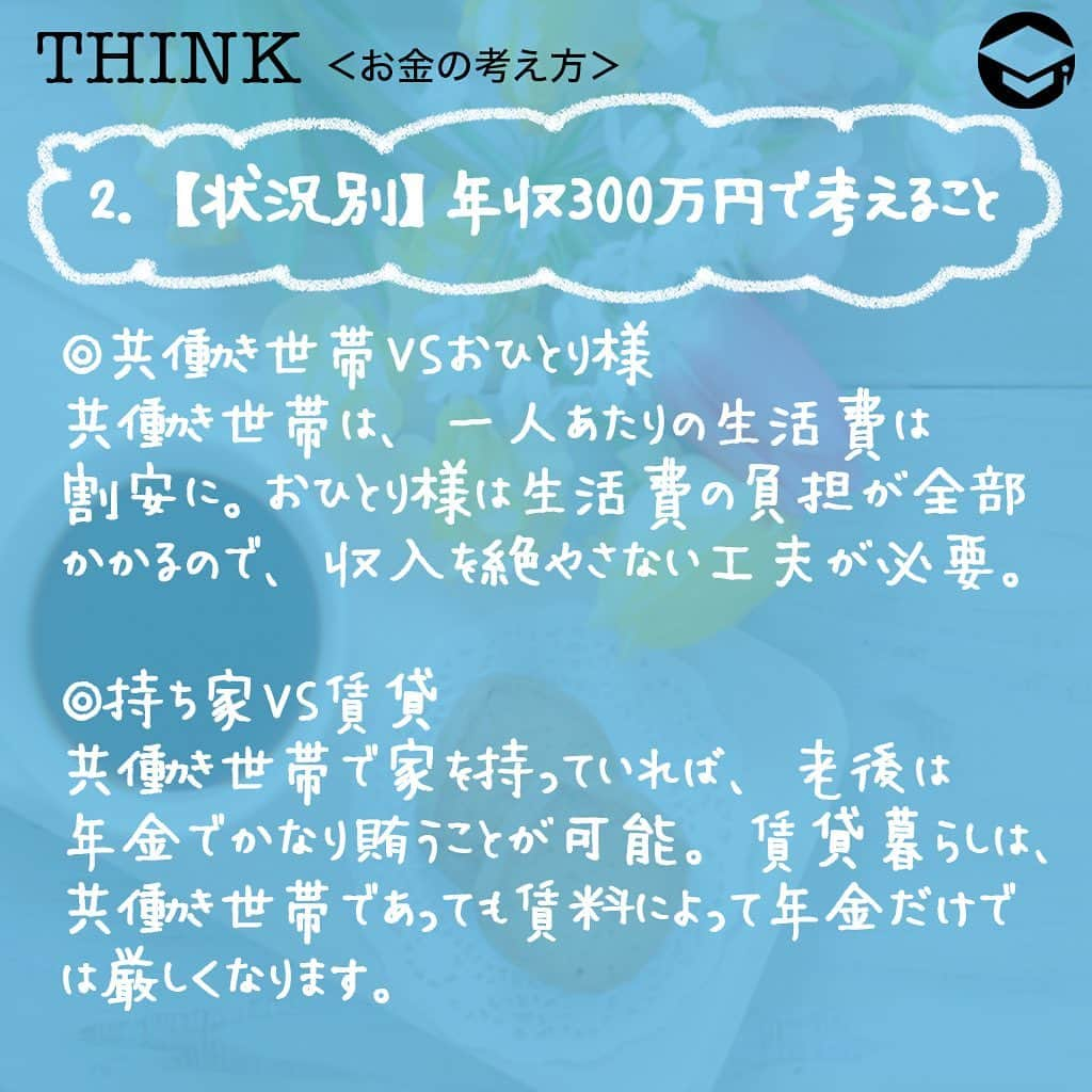 ファイナンシャルアカデミー(公式) さんのインスタグラム写真 - (ファイナンシャルアカデミー(公式) Instagram)「﻿ 同じ「年収300万円」でも、ひとり暮らしであるか共働きか、会社員か自営業か、などで考えておくべきことが変わってきます💡﻿ ﻿ 年収300万円とは将来も含めてどういうことかを踏まえ、状況別にどんなことを考えておいたらいいのかを見てみましょう✏️﻿ ﻿ ーーーーーーーーーーーーーーーーーーーーーーー﻿ ﻿ 1️⃣年収300万とはどういうことか﻿ ﻿ ーーーーーーーーーーーーーーーーーーーーーーー﻿ ﻿ ⭕️手取り﻿ 給与所得者の場合、社会保険料約42万円、所得税・住民税約12万円で、手取りは240万円ほどになります。﻿ ﻿ 個人事業主の場合は、経費によって健康保険料や税金も変わってくるので、結構幅がありますが、経費が0円の場合は230万円ほど、経費が100万円の場合は155万円ほどになります🖋﻿ ﻿ ⭕️平均的な貯金額﻿ 20代は100万円以下が多く、50代以上になると1,000万円以上という人たちが増えてきます。独身よりも二人以上の世帯者の方が貯金額が多い傾向に💰﻿ ﻿ ⭕️老齢年金﻿  老齢基礎年金額は65歳開始満額で780,100円（2019年）になります。﻿ ﻿ 給与所得者の場合は、これにプラスして老齢厚生年金がありますが、仮に20歳から60歳までずっと年収300万円であったと仮定すると受給額は657,720円になります💴﻿ ﻿ 40年間年収300万円で働き続けた場合は月額12万円ほどの年金が受給できますが、勤務期間に大きく影響されます。また、個人事業主の場合は老齢基礎年金のみとなります💡﻿ ﻿ ーーーーーーーーーーーーーーーーーーーーーーー﻿ ﻿ 2️⃣【状況別】年収300万円で考えること﻿ ﻿ ーーーーーーーーーーーーーーーーーーーーーーー﻿ ﻿ ﻿ ⭕️厚生年金ｖｓ国民年金﻿ 給与所得者の場合は老齢厚生年金があるので、勤続期間を長くしたり、昇給することで年金を増やすことができます☺️﻿ ﻿ しかし、個人事業主の場合は老齢基礎年金しかないので、iDeCoやつみたてNISAを活用して貯金を心がける、老後もできるだけ長く仕事を続ける、などの対策が必要です💰﻿ ﻿ ⭕️正社員ｖｓ派遣員﻿ 正社員の場合は定年まで働くことができ、シニア採用があるところが多いです👵福利厚生面でも各種サービスを安く受けられるなどのメリットも。﻿ ﻿ 派遣社員の場合はそれらのメリットはなく、原則として同じ会社に3年までしか勤務できません。場合によっては無収入期間ができる可能性も🌀﻿ ﻿ ⭕️共働き世帯VSおひとり様﻿ 共働き世帯の場合は、生活費が「一人分×2」よりは割安になるので少し余裕があります☺️おひとり様の場合は生活費の負担が全部かかるので、収入を絶やさない工夫や、専門家に助けを求める費用などの準備が必要です✏️﻿ ﻿ ⭕️持ち家VS賃貸﻿ 総務省「家計調査」(2018)によれば、家を持っている高齢者夫婦の毎月の支出額は約265,000円です。﻿ ﻿ 共働き世帯で家を持っていれば、老後は年金でかなり賄うことができますが、賃貸暮らしの場合は、共働き世帯であっても賃料によって年金だけでは厳しくなります😥さらに、高齢者向けにはなかなか住居を貸してくれないところも。中古住宅など安い物件の購入、公営住宅、高齢者入居可能な物件について調べましょう🏠﻿ ﻿ ーーーーーーーーーーーーーーーーーーーーーーー﻿ ﻿ 3️⃣年収300万円の人がやるべきこと﻿ ﻿ ーーーーーーーーーーーーーーーーーーーーーーー﻿ ﻿ ⭕️しっかりライフプラン＆家計の見直し﻿ まずは今の仕事はどうする、家はどうする、といったライフプランを立てて、老後必要なお金、それまでに毎月いくら貯金が必要か、そのために何が切りつめられるか、あるいは年収300万円を脱出する方法はないか、など毎月の行動まで落とし込みましょう✨﻿ ﻿ それに合わせて年収300万円であっても家計の見直しをすれば貯金は可能です👍一人暮らし、子どもがある世帯でも、住居費、食費などをおさえることで、毎月2～3万円は貯金できます😊﻿ ﻿ ⭕️行動する工夫﻿ 年収300万円で貯金まで行うには、結構やりくりが大変ですが、必要金額をきちんと計算すればするほど、対策を早めにとればとるほど余裕も生まれてきます🌸﻿ ﻿ 目標金額をきちんと貯金していれば、余ったお金は使ってもいいことにしておくなど工夫をすると、節約もしんどくなくなるでしょう☺️﻿ ﻿ ＝＝＝＝＝＝＝＝＝＝＝＝＝＝＝＝﻿ さらに詳しくお金のことや﻿ 投資のノウハウ・知識を学びたいという方必見👀﻿ ﻿ 自宅にいながらお金や株・不動産投資の勉強ができる﻿ 「WEB体験セミナー」💻﻿ （@financial_academy）　﻿ ﻿ 詳しくはプロフィールリンクにあるサイトへ飛んでくださいね☝️﻿ ＝＝＝＝＝＝＝＝＝＝＝＝＝＝＝＝﻿ ﻿ #ファイナンシャルアカデミー #お金の教養  #手書きアカウント #情報収集 #貯金術 #貯金計画 #貯金生活 #お金が無い #お金がほしい #お金が欲しい #お金がない #将来の不安 #ライフプラン #年収300万台 #年収300万」4月16日 17時18分 - financial_academy