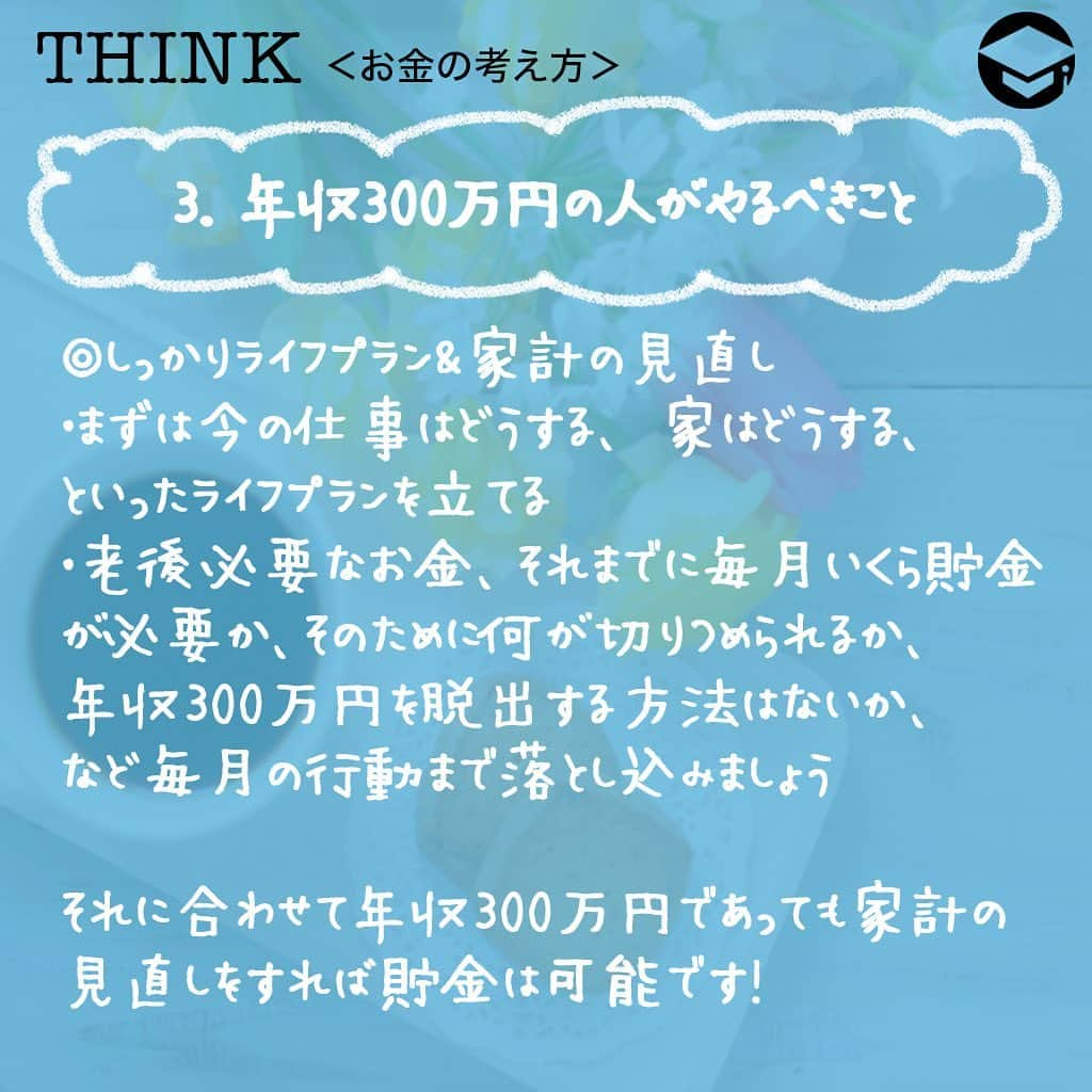ファイナンシャルアカデミー(公式) さんのインスタグラム写真 - (ファイナンシャルアカデミー(公式) Instagram)「﻿ 同じ「年収300万円」でも、ひとり暮らしであるか共働きか、会社員か自営業か、などで考えておくべきことが変わってきます💡﻿ ﻿ 年収300万円とは将来も含めてどういうことかを踏まえ、状況別にどんなことを考えておいたらいいのかを見てみましょう✏️﻿ ﻿ ーーーーーーーーーーーーーーーーーーーーーーー﻿ ﻿ 1️⃣年収300万とはどういうことか﻿ ﻿ ーーーーーーーーーーーーーーーーーーーーーーー﻿ ﻿ ⭕️手取り﻿ 給与所得者の場合、社会保険料約42万円、所得税・住民税約12万円で、手取りは240万円ほどになります。﻿ ﻿ 個人事業主の場合は、経費によって健康保険料や税金も変わってくるので、結構幅がありますが、経費が0円の場合は230万円ほど、経費が100万円の場合は155万円ほどになります🖋﻿ ﻿ ⭕️平均的な貯金額﻿ 20代は100万円以下が多く、50代以上になると1,000万円以上という人たちが増えてきます。独身よりも二人以上の世帯者の方が貯金額が多い傾向に💰﻿ ﻿ ⭕️老齢年金﻿  老齢基礎年金額は65歳開始満額で780,100円（2019年）になります。﻿ ﻿ 給与所得者の場合は、これにプラスして老齢厚生年金がありますが、仮に20歳から60歳までずっと年収300万円であったと仮定すると受給額は657,720円になります💴﻿ ﻿ 40年間年収300万円で働き続けた場合は月額12万円ほどの年金が受給できますが、勤務期間に大きく影響されます。また、個人事業主の場合は老齢基礎年金のみとなります💡﻿ ﻿ ーーーーーーーーーーーーーーーーーーーーーーー﻿ ﻿ 2️⃣【状況別】年収300万円で考えること﻿ ﻿ ーーーーーーーーーーーーーーーーーーーーーーー﻿ ﻿ ﻿ ⭕️厚生年金ｖｓ国民年金﻿ 給与所得者の場合は老齢厚生年金があるので、勤続期間を長くしたり、昇給することで年金を増やすことができます☺️﻿ ﻿ しかし、個人事業主の場合は老齢基礎年金しかないので、iDeCoやつみたてNISAを活用して貯金を心がける、老後もできるだけ長く仕事を続ける、などの対策が必要です💰﻿ ﻿ ⭕️正社員ｖｓ派遣員﻿ 正社員の場合は定年まで働くことができ、シニア採用があるところが多いです👵福利厚生面でも各種サービスを安く受けられるなどのメリットも。﻿ ﻿ 派遣社員の場合はそれらのメリットはなく、原則として同じ会社に3年までしか勤務できません。場合によっては無収入期間ができる可能性も🌀﻿ ﻿ ⭕️共働き世帯VSおひとり様﻿ 共働き世帯の場合は、生活費が「一人分×2」よりは割安になるので少し余裕があります☺️おひとり様の場合は生活費の負担が全部かかるので、収入を絶やさない工夫や、専門家に助けを求める費用などの準備が必要です✏️﻿ ﻿ ⭕️持ち家VS賃貸﻿ 総務省「家計調査」(2018)によれば、家を持っている高齢者夫婦の毎月の支出額は約265,000円です。﻿ ﻿ 共働き世帯で家を持っていれば、老後は年金でかなり賄うことができますが、賃貸暮らしの場合は、共働き世帯であっても賃料によって年金だけでは厳しくなります😥さらに、高齢者向けにはなかなか住居を貸してくれないところも。中古住宅など安い物件の購入、公営住宅、高齢者入居可能な物件について調べましょう🏠﻿ ﻿ ーーーーーーーーーーーーーーーーーーーーーーー﻿ ﻿ 3️⃣年収300万円の人がやるべきこと﻿ ﻿ ーーーーーーーーーーーーーーーーーーーーーーー﻿ ﻿ ⭕️しっかりライフプラン＆家計の見直し﻿ まずは今の仕事はどうする、家はどうする、といったライフプランを立てて、老後必要なお金、それまでに毎月いくら貯金が必要か、そのために何が切りつめられるか、あるいは年収300万円を脱出する方法はないか、など毎月の行動まで落とし込みましょう✨﻿ ﻿ それに合わせて年収300万円であっても家計の見直しをすれば貯金は可能です👍一人暮らし、子どもがある世帯でも、住居費、食費などをおさえることで、毎月2～3万円は貯金できます😊﻿ ﻿ ⭕️行動する工夫﻿ 年収300万円で貯金まで行うには、結構やりくりが大変ですが、必要金額をきちんと計算すればするほど、対策を早めにとればとるほど余裕も生まれてきます🌸﻿ ﻿ 目標金額をきちんと貯金していれば、余ったお金は使ってもいいことにしておくなど工夫をすると、節約もしんどくなくなるでしょう☺️﻿ ﻿ ＝＝＝＝＝＝＝＝＝＝＝＝＝＝＝＝﻿ さらに詳しくお金のことや﻿ 投資のノウハウ・知識を学びたいという方必見👀﻿ ﻿ 自宅にいながらお金や株・不動産投資の勉強ができる﻿ 「WEB体験セミナー」💻﻿ （@financial_academy）　﻿ ﻿ 詳しくはプロフィールリンクにあるサイトへ飛んでくださいね☝️﻿ ＝＝＝＝＝＝＝＝＝＝＝＝＝＝＝＝﻿ ﻿ #ファイナンシャルアカデミー #お金の教養  #手書きアカウント #情報収集 #貯金術 #貯金計画 #貯金生活 #お金が無い #お金がほしい #お金が欲しい #お金がない #将来の不安 #ライフプラン #年収300万台 #年収300万」4月16日 17時18分 - financial_academy