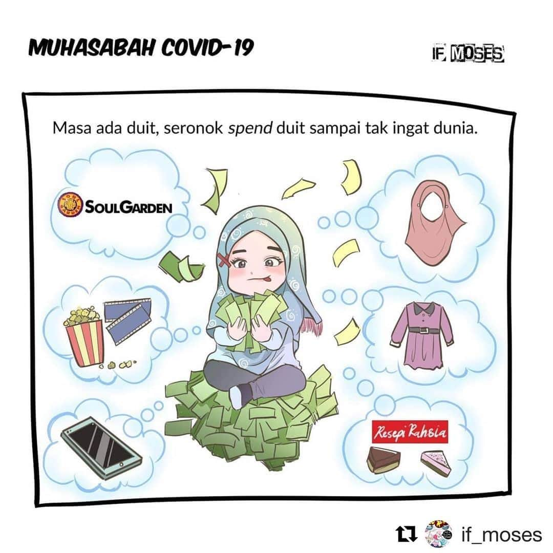 Koleksi Komik Malaysiaさんのインスタグラム写真 - (Koleksi Komik MalaysiaInstagram)「#Repost @if_moses with @get_repost ・・・ Sekadar untuk muhasabah bersama. 😊 .  Disclaimer: Boleh jadi tak applicable untuk keadaan semua orang. Mungkin ada yang dah usaha habis2an & struggle untuk buat simpanan duit sebelum PKP tapi still belum berjaya sebab komitmen kewangan terlalu banyak atau income terlalu sedikit. .  Apa pun keadaan, moga kita tak cuai untuk buat 'simpanan' Akhirat. .  #covidcomic #covidcomics #covid19 #covid_19 #coronavirus #perintahkawalanpergerakan #socialdistancing #dudukrumahje #juststayhome #komikgaza #mosesart #mosesartwork #paehdesign #awarenesscomic #comic #comics #komikdakwah #IMAN #dkv  #daiekreatifventure #instaart #instaartist」4月16日 20時22分 - tokkmungg_exclusive