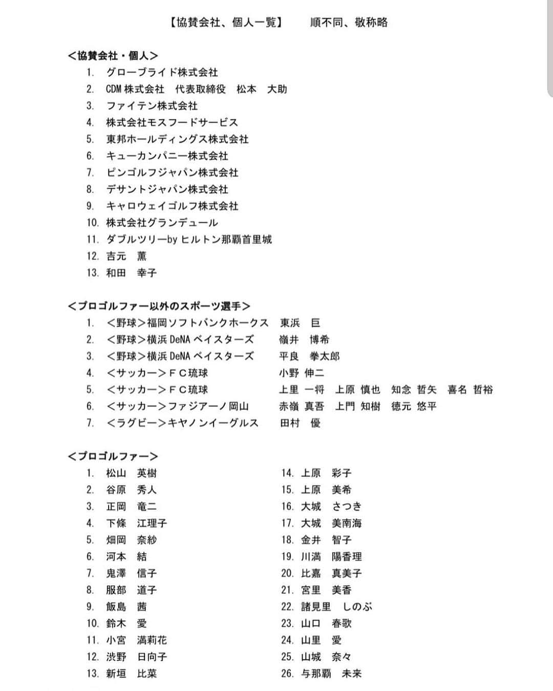宮里美香のインスタグラム：「*** 3月9日に予定しておりました、 首里城再建応援チャリティゴルフコンペは新型コロナウイルスの感染拡大防止の為に開催中止となりました。 . . 本イベントに際して沢山の皆様からご支援やご協力をいただきましたので、ご紹介させていただきます。 . . 今回は、プロゴルファーだけでなく、沖縄にゆかりのある他競技のプロ選手にも賛同して頂きました。 . . 参加予定者で開催中止が決まった後もチャリティー金に賛同して頂きました皆様には 4月13日(月曜日)にチャリティー品の配送を行なっております。 . . 皆様からご協力いただきましたチャリティー金は2499307円になりました。本日、那覇市へ振り込みさせて頂きました。 . . ご協賛いただきました、 各社様、プロの皆様、 大変ありがとうございました🙇‍♀️ . #首里城再建応援チャリティゴルフコンペ」