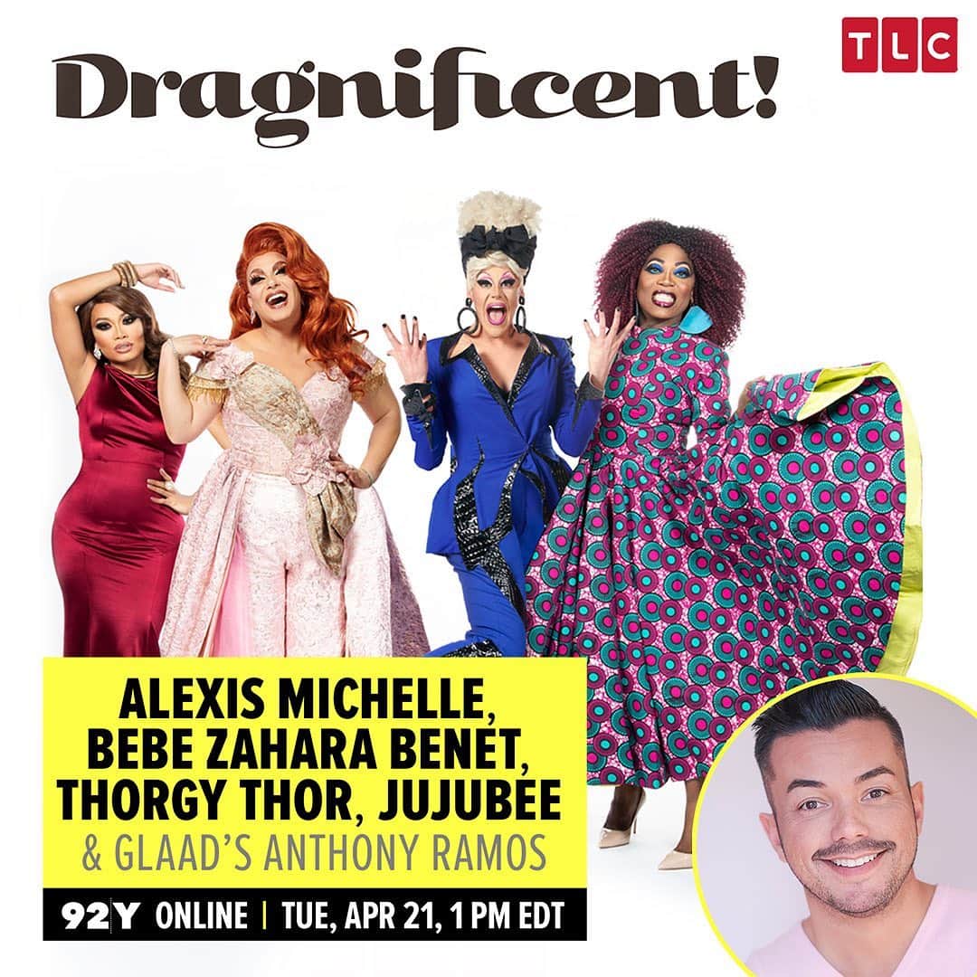 アンソニー・ラモスのインスタグラム：「So pumped to chat with the #dragnificent @alexislives @thorgythor @bebezahara @jujubeeonline on 4/21 at 1pm ET on @92ndstreety @glaad @tlc」