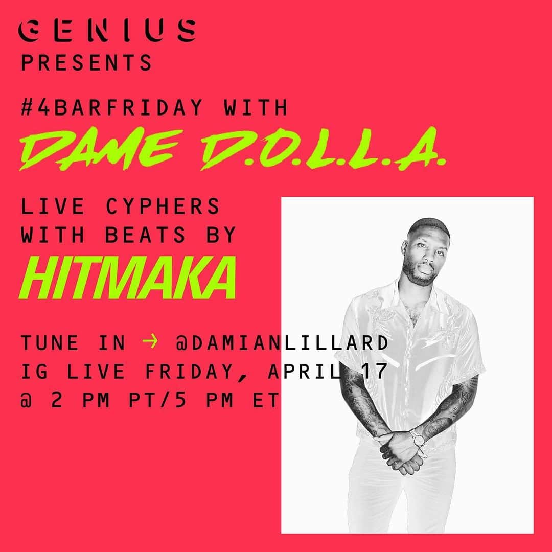 デイミアン・リラードのインスタグラム：「Week 3 of my @genius x #4BarFriday IG Live Cypher Series hits tomorrow at 2pm west coast time/5pm eastern time. @hitmaka is providing beats for the 8 MCs participating this week. @genius, @hitmaka, @demar_derozan and more will join my live to judge the 8 MCs this week. I can’t wait to see what @lilyfangz, @stevegunna_, @chiefwakil, @stevicooper, @peytspencer, @1lexdateacher, @whocarespublishing and @sicariososa bring to the table this week. If you love watching MCs battle, make sure y’all tap in!」