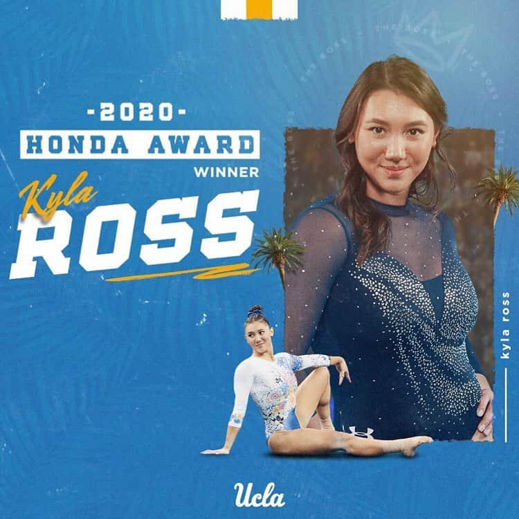 カイラ・ロスのインスタグラム：「A huge THANK YOU to all of you for your endless support over my whole gymnastics career! Love you always💛  I am honored to be receiving this prestigious award by @cwsa_hondacup that shines a much needed light on female athletics. Competing in collegiate sports has been such a fulfilling life experience for me. I sincerely thank @ucla for providing me with not only the athletic, but the academic opportunities that I will carry with me into anything I choose to pursue moving forward.」