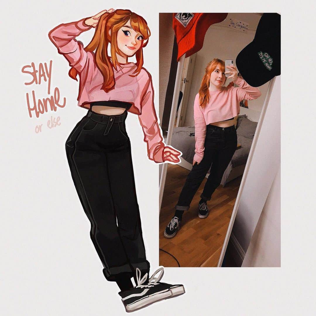Laura Brouwersのインスタグラム：「New ootd! A routine drawing thing I do on my social media, but also to write on how being healthy at home for me means keeping routines in my daily life, too.  @who who asked me and other creators to join their #healthyathome campaign and it made me remember my past in a sort of similarly isolated place. I grew up in group treatment homes where I stayed 24/7 (later going home or sometimes staying with friends over weekends, as I became an adult and started having relationships too). I live independently now but I’m very aware of how blessed I am to be equipped with a huge ability to entertain myself and live a relatively well rounded life staying home. Though I’m sure people who are or have been in similar situations realize it can be a bit of a rough hit to be suddenly restricted again, although under different circumstances, it definitely reminds of those times.  Then and now I take care of myself by keeping to normal routines, like caring for my looks regularly because I enjoy makeup, fashion and taking selfies, and doing comfort zone drawing. I also practice a personal mindfulness to remind myself of how my life has changed and how I’m not trapped, but making an active effort to help our world and communities in a tiny way.  Also i got these jeans just before the pandemic got this bad and ive only just worn it to go out for a walk today lol Anyway stay home!! (If u can, clearly)」
