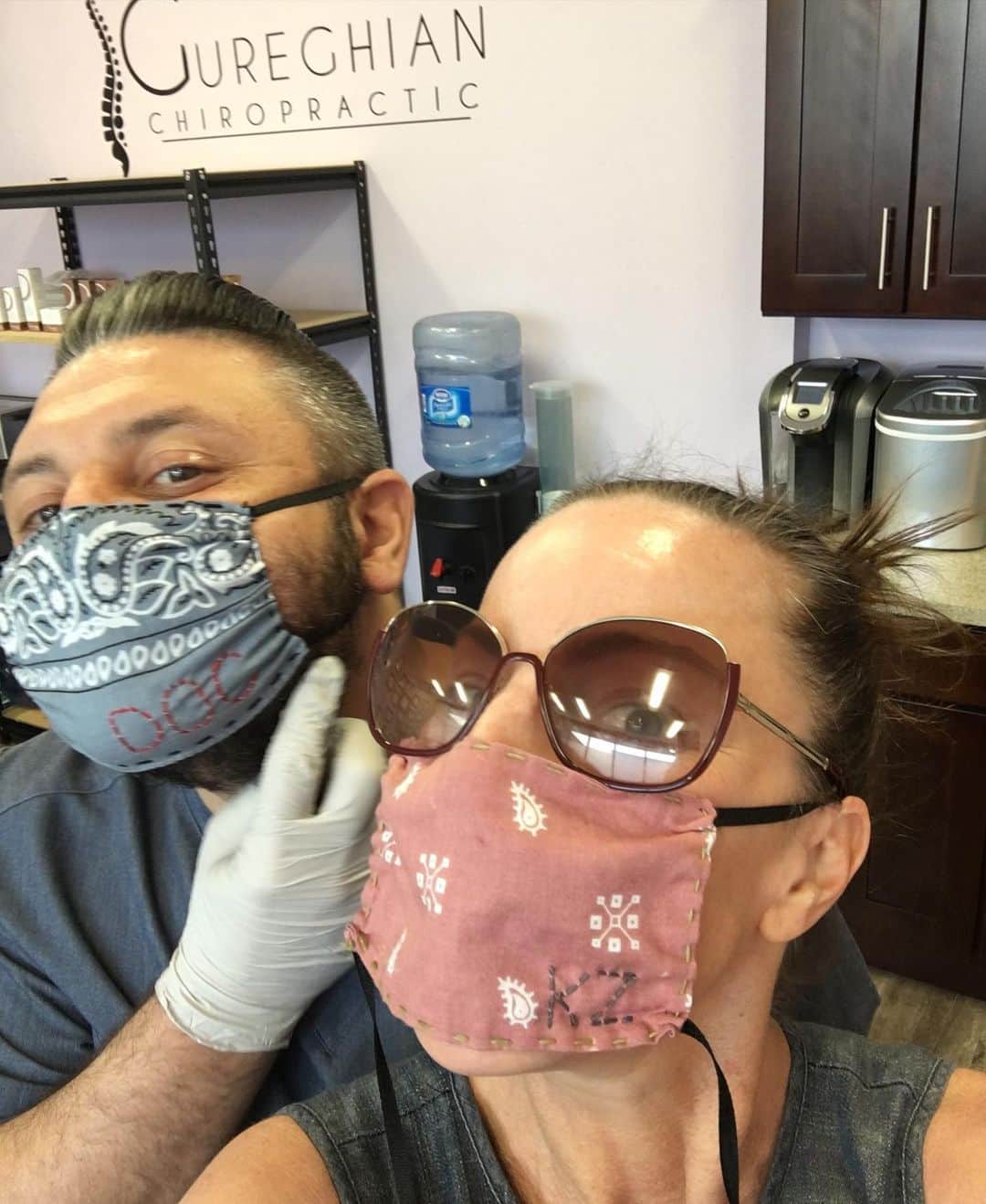 カレンザンボスビンテージクチュールのインスタグラム：「Thank you @gureghianchiropractic for putting me back together again! Made Dr Raffi a custom made mask! Stay safe out there. DM for details on a handmade/ custom embroidered mask for yourself or as a gift! 😷 🎁 #handmade #custom #mask #covid #protectivestyles」