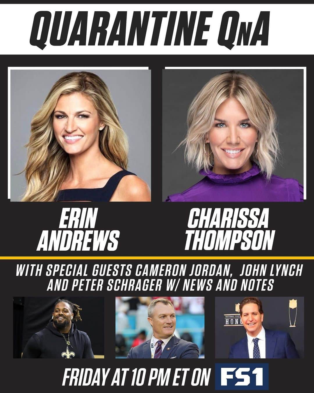 エリン・アンドリューズのインスタグラム：「Friday!! We’re back with Special Guests @Saints @CamJordan94 & @49ers GM #JohnLynch 🏈 Send in your questions using #QuarantineQnA @charissajthompson @nflonfox @fs1 #PeterSchrager #Saints #WhoDat #49ers #49ersfaithful」
