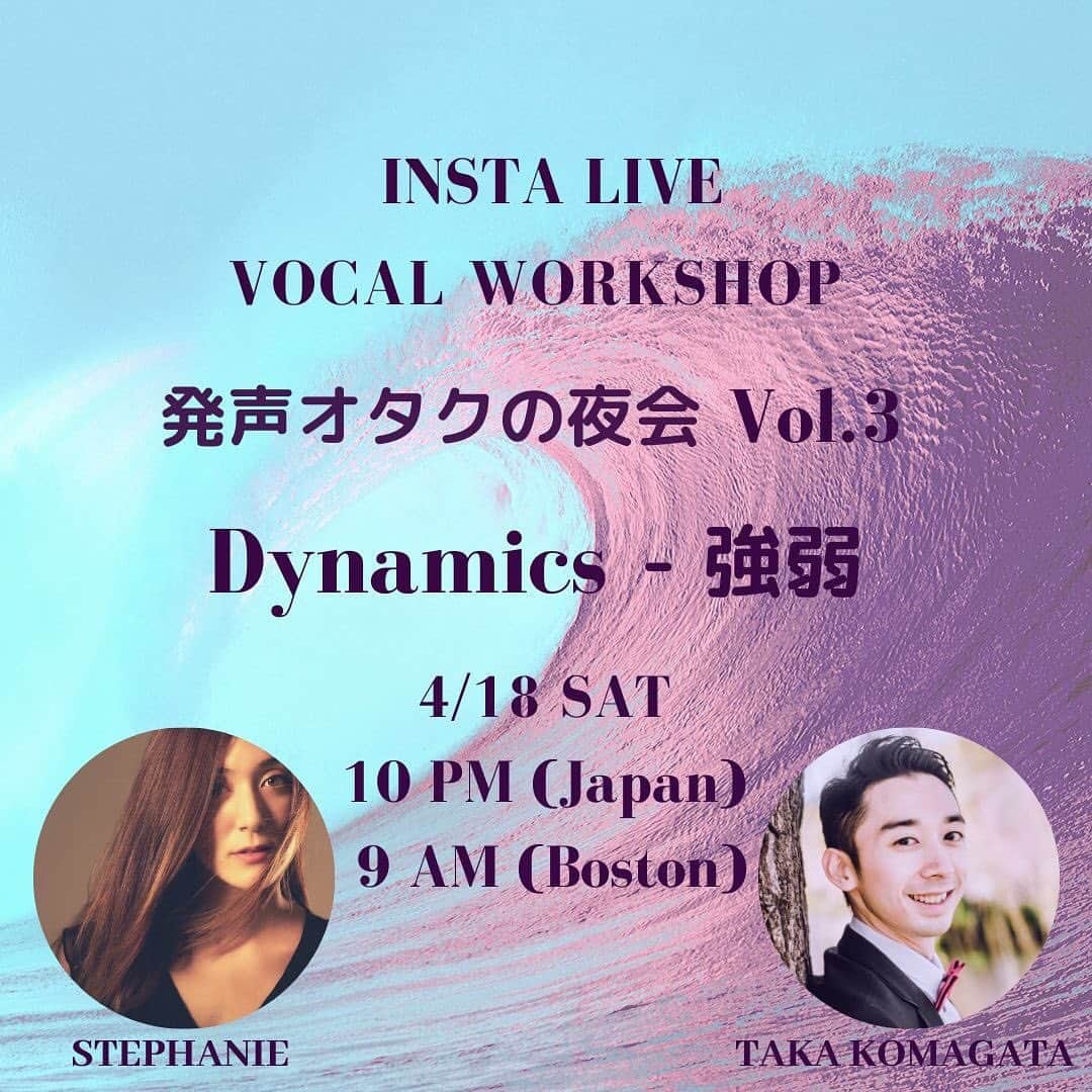 ステファニーのインスタグラム：「明日土曜日の日本時間22時！発声ヲタの夜会またまたやります！！今回のテーマは強弱やアクセントなど、表現力テクニックについてお話していこうと思います！是非遊びに来て下さい😍コメントや質問も大歓迎😁✌️✌️ Tomorrow‘s Insta live topic is going to be...“Dynamics”!! Suuuper important technique🔥」