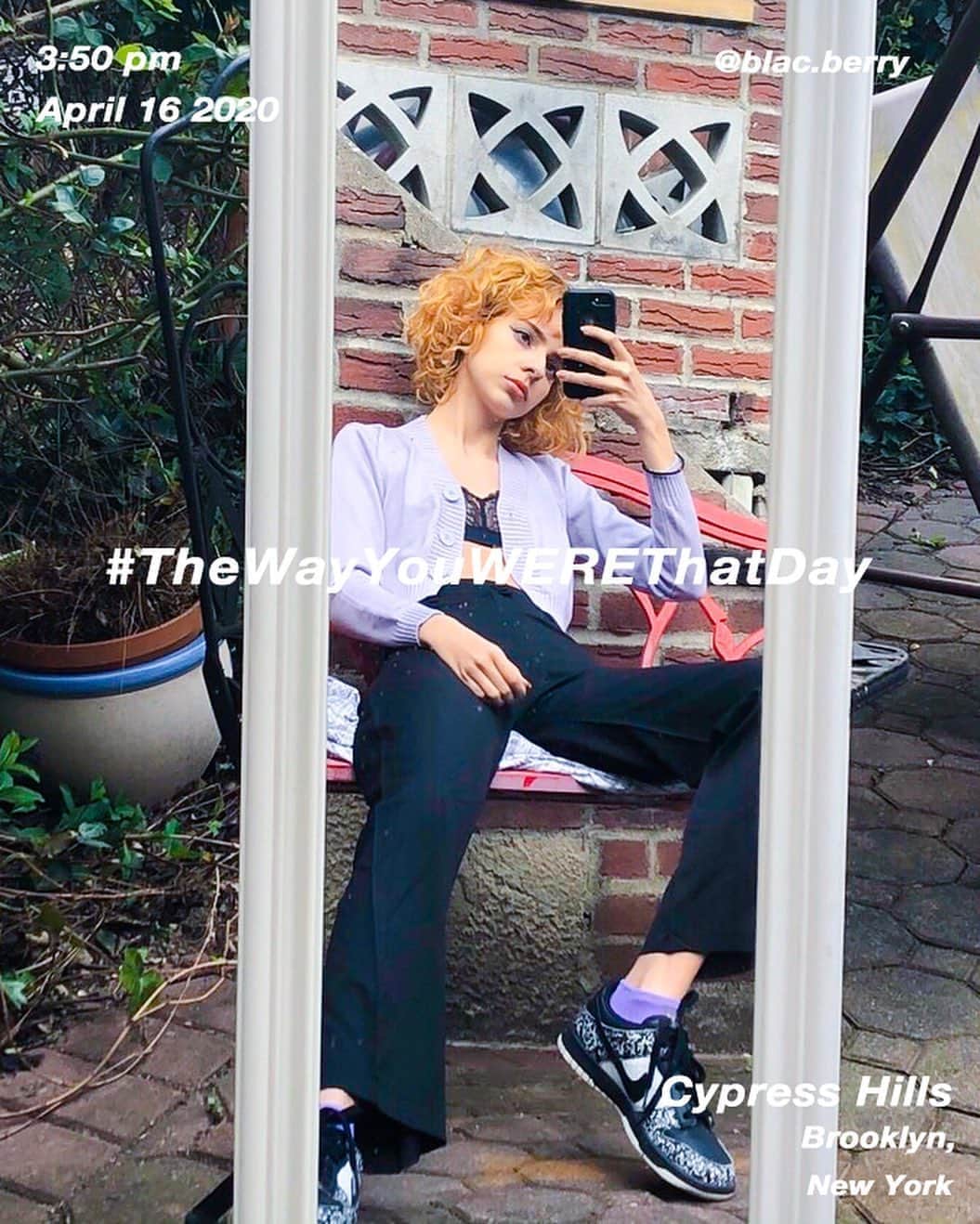 のインスタグラム：「@blac.berry #Quarantined in #CypressHill at 3:50 pm, April 16 2020, #NewYork ﻿ #OutfitOfTheDay = #TheWayYouWEREThatDay#QuarantineEdition  #TWYWTD #ShinichiTsutsui」