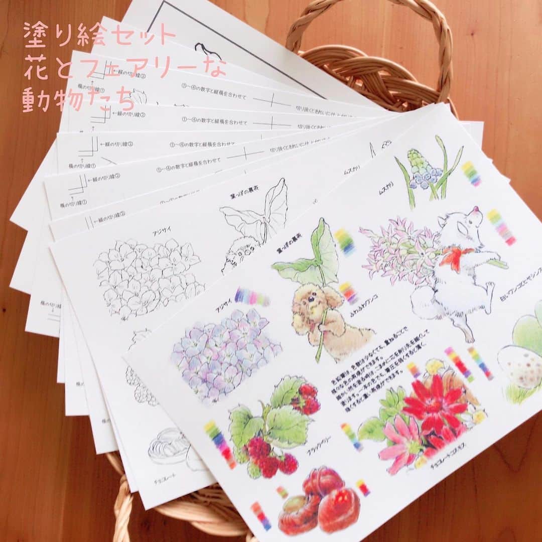 イラストレーター山崎牧子のインスタグラム：「Fairies Calendar2019より ピックアップ。 チョコレートコスモス・アジサイ ・ヒヤシンス・ムスカリ ・ブラックベリーの５種類の絵柄を 用いた塗り絵セットを作りました。 季節の花と遊ぶフェアリーサイズの ワンちゃんたちと、ネコちゃんも。 たくさん色数がなくても大丈夫。 12色の色鉛筆を使って実際に色塗りも してみての、個人的なアドバイスを載 せた練習用シート。お子さんと一緒に 塗り絵を楽しんでいただくことも考え ながらあれこれ作ってみました😌 練習用シート／塗り絵５種類の絵柄 ／大きな絵柄の２種／チョコレートコ スモス、アジサイ２種のポストカード が内容です。 プロフィールにリンクしているminne での販売と、DMからもご注文いただけます。 ※次回のポストは塗り絵の線画です。 よかったらプリントアウトしてみてくださいね🎨 #塗り絵#遊び#家遊び#イラストレーター#子ども#色鉛筆#犬#猫#花#いなとめまきこ#artwork#illustrator#childrenillustration」