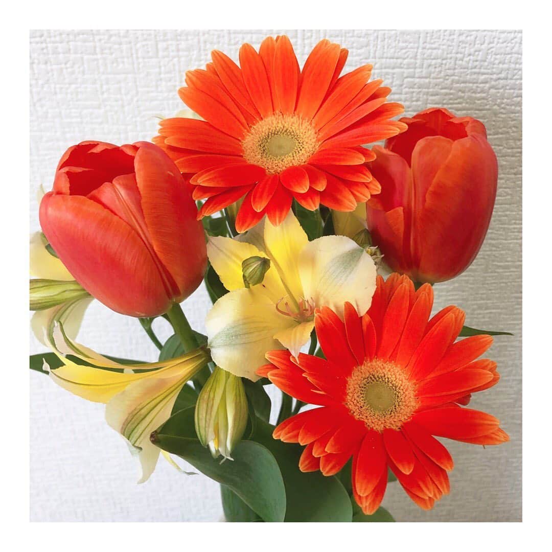 中島安里紗のインスタグラム：「家にいる時間が長いから、お花で部屋を明るくしてます💐 オレンジって元気でる！！ ビタンミンカラーいいね🧡💛💚 花を飾るの、習慣化しようっと🌷✨ #お家時間 #花 #花のある暮らし #happy #幸せ #ビタンミンカラー #💐 #花が好き #stayhome」