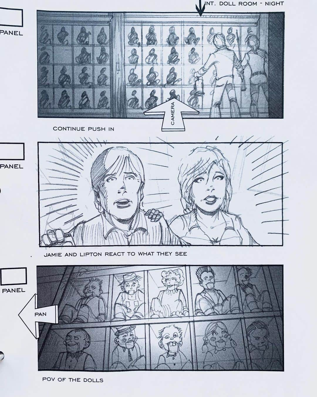 ジェームズ・ワンさんのインスタグラム写真 - (ジェームズ・ワンInstagram)「100 Dolls in Mary Shaw’s Chamber (1/4). More DEAD SILENCE storyboards (by Greg Chown). The scenes where Jamie and Det. Lipton (Ryan and Donnie) discover Mary’s secret lair, and then escaping it. Pretty intricate, detailed set-pieces to put together. I got vertigo every time I had to get up on that catwalk!」4月18日 6時39分 - creepypuppet