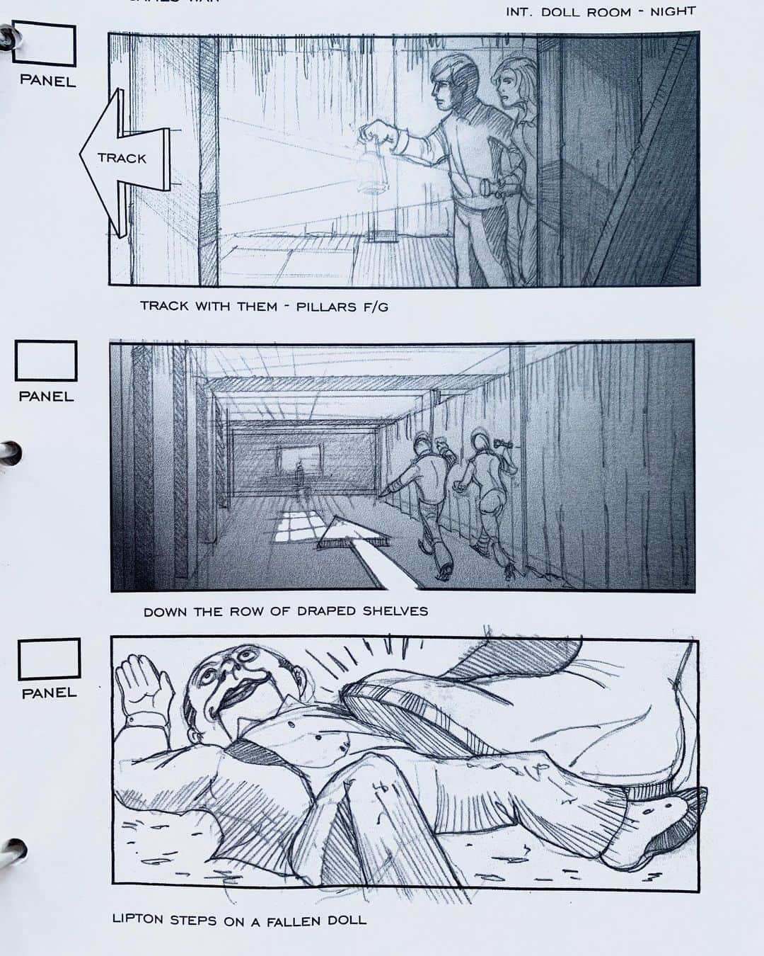 ジェームズ・ワンさんのインスタグラム写真 - (ジェームズ・ワンInstagram)「100 Dolls in Mary Shaw’s Chamber (1/4). More DEAD SILENCE storyboards (by Greg Chown). The scenes where Jamie and Det. Lipton (Ryan and Donnie) discover Mary’s secret lair, and then escaping it. Pretty intricate, detailed set-pieces to put together. I got vertigo every time I had to get up on that catwalk!」4月18日 6時39分 - creepypuppet