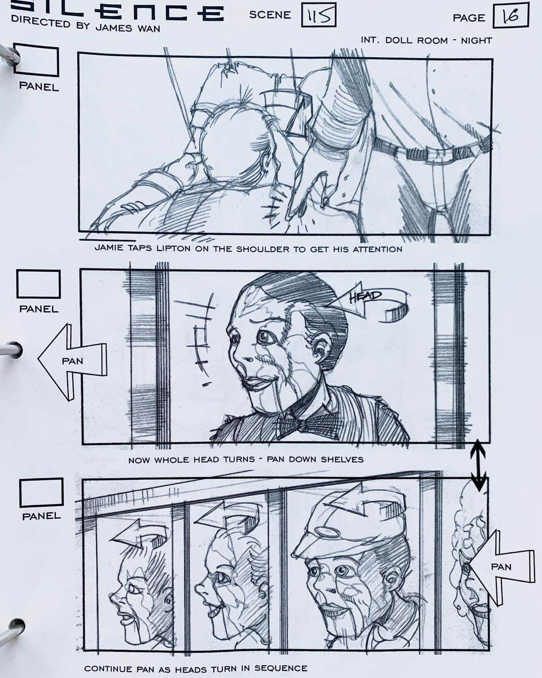 ジェームズ・ワンさんのインスタグラム写真 - (ジェームズ・ワンInstagram)「100 Dolls in Mary Shaw’s Chamber (1/4). More DEAD SILENCE storyboards (by Greg Chown). The scenes where Jamie and Det. Lipton (Ryan and Donnie) discover Mary’s secret lair, and then escaping it. Pretty intricate, detailed set-pieces to put together. I got vertigo every time I had to get up on that catwalk!」4月18日 6時39分 - creepypuppet