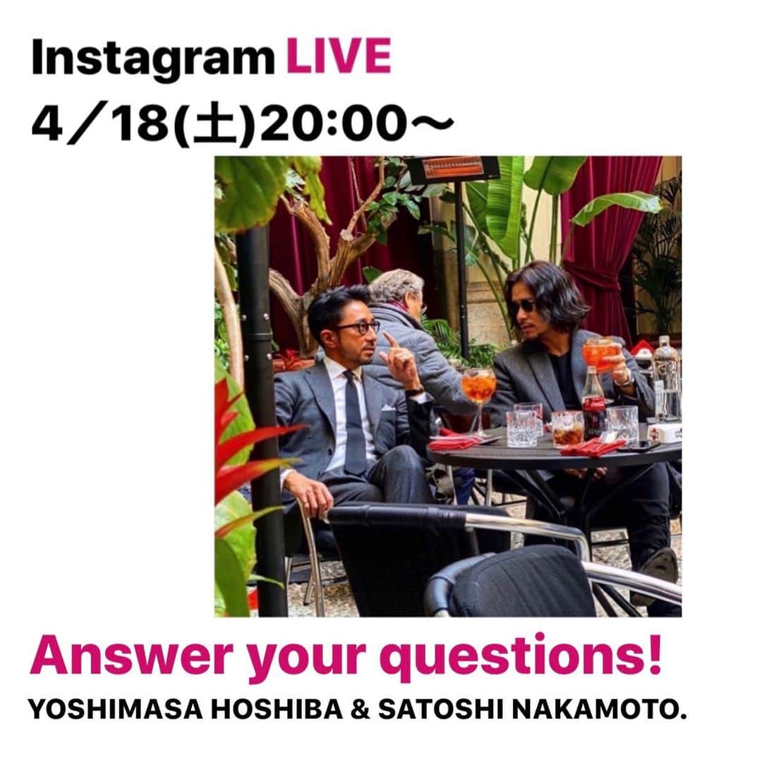 干場義雅さんのインスタグラム写真 - (干場義雅Instagram)「【4月18日(土)20時〜‼️Instagram 生LIVE】ファッションのことはもちろん、その他いろいろ皆様からの質問に2人でお答えしてます。  @yoshimasa_hoshiba  #yoshimasahoshiba  #干場義雅 @forzastylecom  #forzastyle」4月18日 12時02分 - yoshimasa_hoshiba