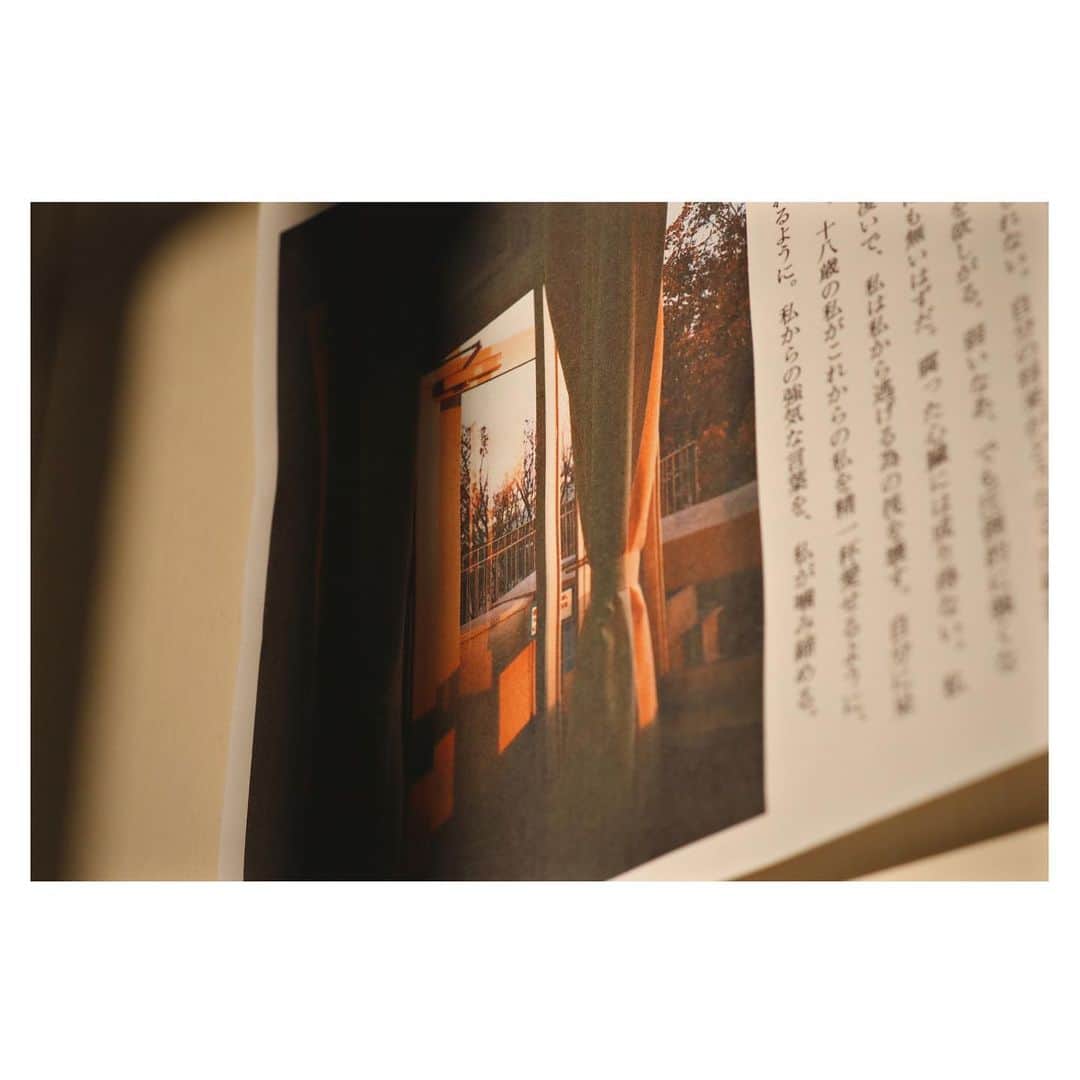 森田想さんのインスタグラム写真 - (森田想Instagram)「密かにZINEのように纏めるのが憧れだったけれど未だにやり方やらが掴めず、完成させたいものだけれどまだまだ綴じる言葉が足りない。 部屋に入ったら窓から差し込む夕陽が強烈なオレンジで眩かったので慌てて仮に印刷したページを壁に貼り付けました。自分の打った文と、自分の撮った写真、外に出ていないから出番が少ないカメラ。取り敢えずの形で、写して切り抜く。いつかしっかり纏めれますように。白枠つけると画質下がって悲しい。今日の家遊び。 #canonphoto」4月18日 18時03分 - kokoro_morita