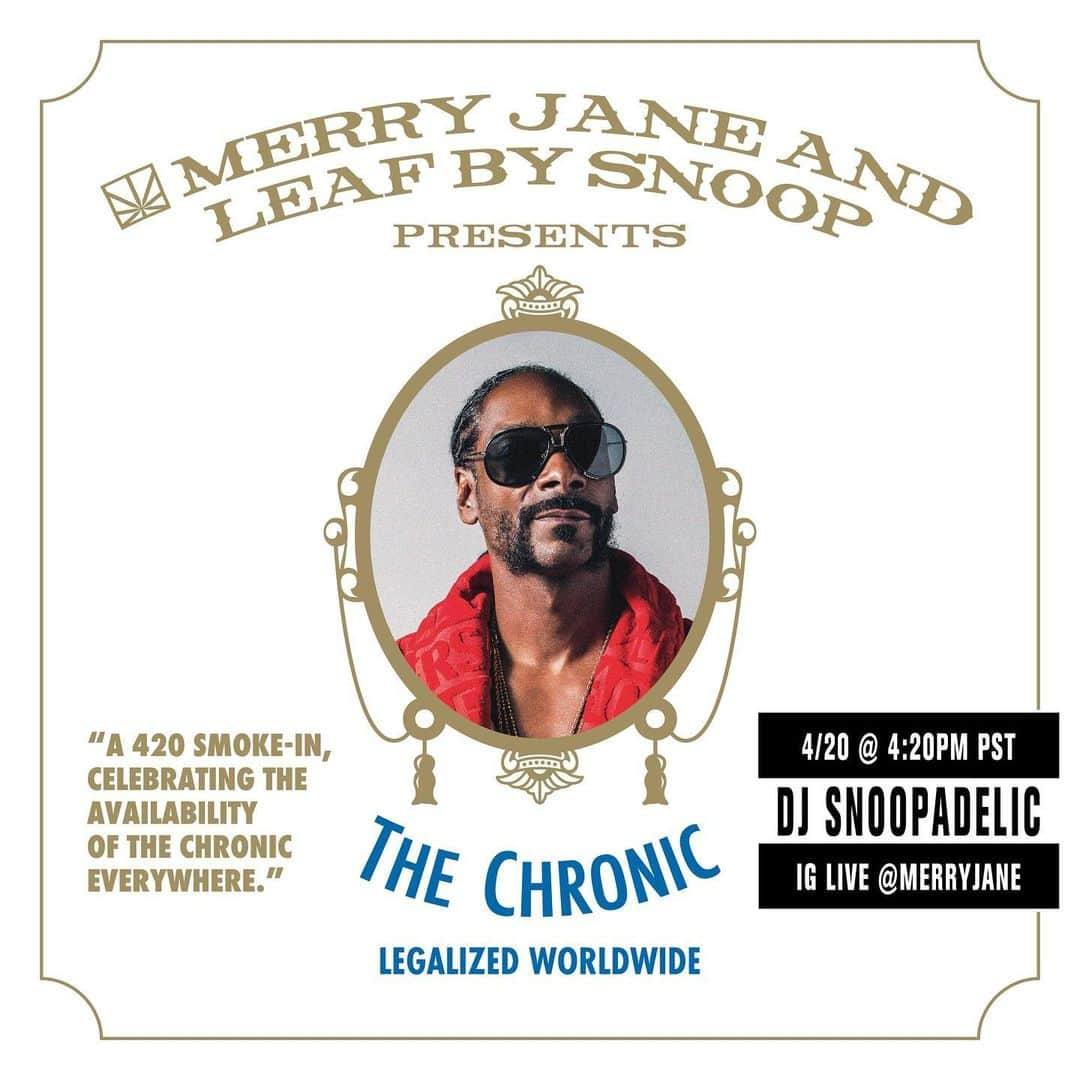 スヌープ・ドッグさんのインスタグラム写真 - (スヌープ・ドッグInstagram)「MONDAY 4/20 at 4:20 *PST*- THE CHRONIC LEGALIZED WORLDWIDE! DJ SNOOPADELIC x IG LIVE set hosted by @merryjane. Celebrating the first-time Dr.Dre’s groundbreaking 1992 album, "The Chronic,” being available across all global streaming platforms. Tune in to MERRY JANE's IG LIVE at exactly 4:20 *PST* on 4/20 to "smoke-in" with @snoopdogg and all music lovers and weed aficionados. Follow @merryjane for updates and giveaways!  #MerryJane420 #SmokeWeedEveryday #TheChronic #DrDre #SnoopDogg #DeathRowRecords」4月19日 8時21分 - snoopdogg