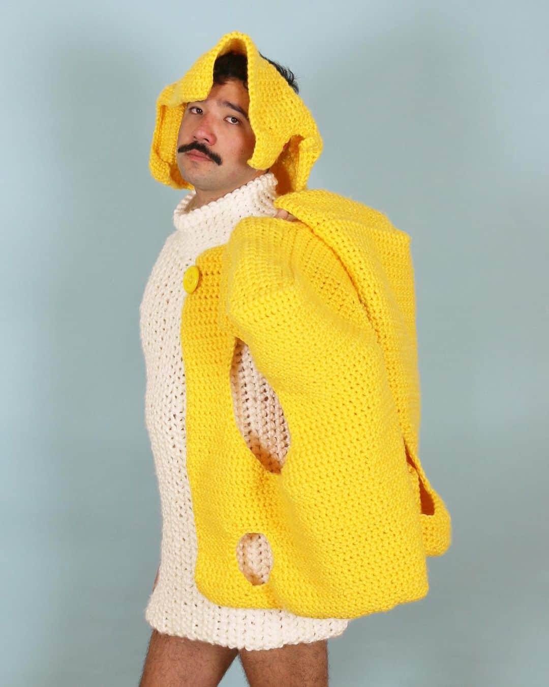 Phil Fergusonのインスタグラム：「Feeling cheesy, holey and just wearing my Sunday best.  #crochet #crafternoons #cheese #capes #uglyhats #knitwear」
