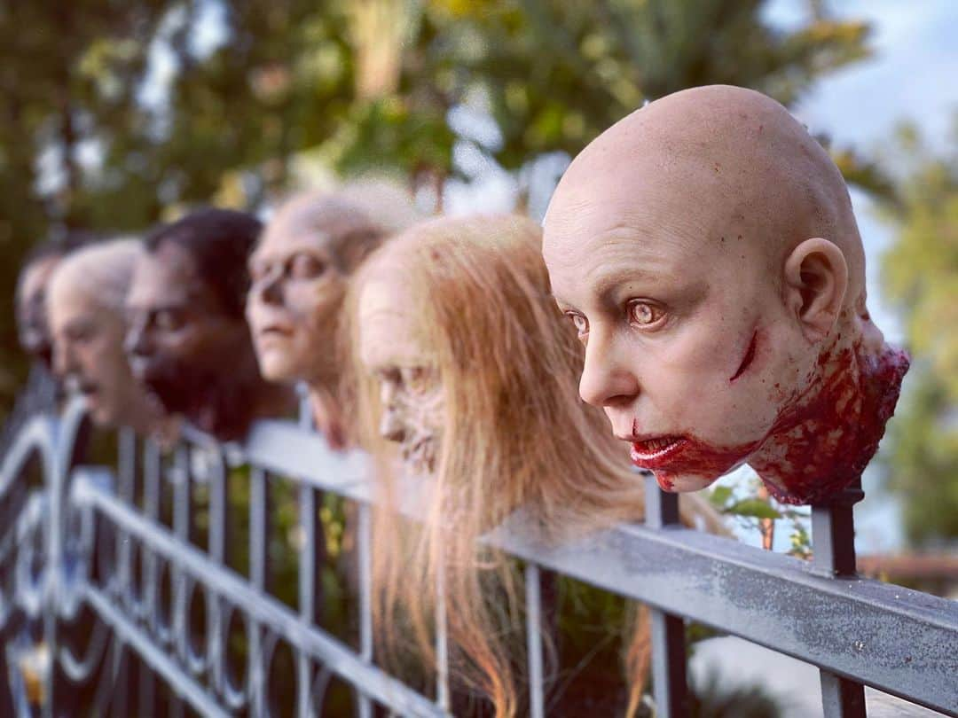 グレゴリー・ニコテロのインスタグラム：「Decorating the gate at my house!  Sure to scare any virus away.  And if you’re curious  1.  Alpha  2.  Bicycle Girl  3.  Female walker Carl killed in the farmhouse in ep 301 AND one of the Governor’s fish tank heads.  4.  Michonne pet 1  5.  Ben Gardner Governor fish tank head 6.  Michonne pet number 2」