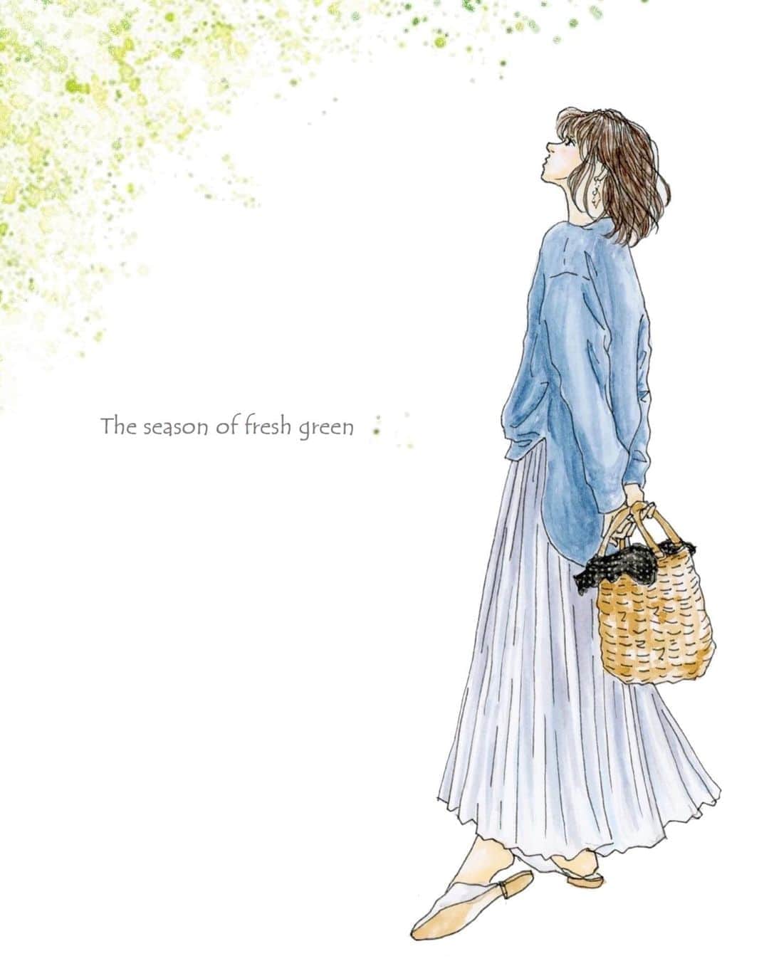saekoのインスタグラム：「. 新緑の季節ですな🌱  #今日も1日引きこもり #ステイホーム . . ファッション誌で見つけた素敵なコーデをちょっとだけアレンジ✍️ . #イラスト#ファッションイラスト#お絵描き#水彩#落書き#イラストレーター#イラストグラム#illustgram#カジュアル#大人カジュアル#春コーデ#シンプルコーデ #プリーツスカート#ロンt#かごバッグ#ボブ#ボブヘアー#ナチュラル#ナチュラルメイク#新緑#新緑の季節#ガールズイラスト#ワントーンコーデ#drawing#fashionsketch#stayhome」