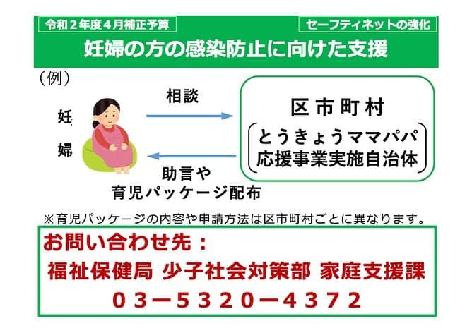 小池百合子さんのインスタグラム写真 - (小池百合子Instagram)「【妊婦の方の感染防止に向けた支援】﻿ 東京都では、妊娠・出産期の健診や通院などにおける感染リスクを軽減するため、妊婦の方に配布している育児パッケージに1万円を上乗せします。﻿ ◎タクシー移動に使えるチケット﻿ ◎感染防止のために必要な物品等﻿ ﻿ 育児パッケージの内容や申請方法は区市町村（とうきょうママパパ応援事業実施自治体）によって異なります。ぜひご活用ください。﻿ ◆お問い合わせ先﻿ 福祉保健局少年社会対策部家庭支援課﻿ 03-5320-4372﻿ ﻿ ﻿ この週末も徹底的な外出自粛にご協力をいただき、ありがとうございます。﻿ ﻿ 明日から平日、その先には連休が控えています。ここで気を緩めてしまうと感染拡大が長引き、医療崩壊や経済にもさらに大きな影響が出てしまいます。﻿ ﻿ あなたの命、ご家族の命、大切な人の命を守れるか、私たちの行動にかかっています。﻿ ﻿ #stayhome」4月19日 22時01分 - yuriko.koike