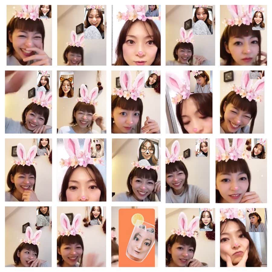 松本英子のインスタグラム：「配信で言ってた、お約束デス🤣  大石由梨香ちゃんとのリモート飲み写真たちw あまりに面白かったもんで、ついいっぱいスクショし過ぎてこの有り様🐇  うさ耳の由梨香嬢を愛でながら、なんて贅沢なんだろう...と幸せ噛みしめ💓 酒進む...🍻笑  #リモート飲み会  #大石由梨香 #松本英子  由梨香ちゃんが飲んでた #ヒューガルデン　のベリーのやつが 気になる。」