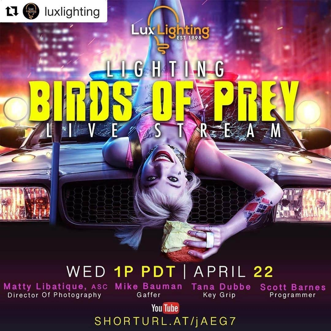 マシュー・リバティークのインスタグラム：「#Repost @luxlighting with @get_repost ・・・ This Wednesday April 22nd come check out our first Livestream looking at lighting Birds of Prey with DP Matty @libatique ASC, Key Grip Tana Dubbe @8pointgrip, programmer Scott Barnes @ilight2000 and gaffer Mike Bauman. They'll talk all the details and answer questions about lighting the film.  1pm PDT! Link in the bio! See you there! #livestream #bts #iatse728 #iatse600 #iatse80」