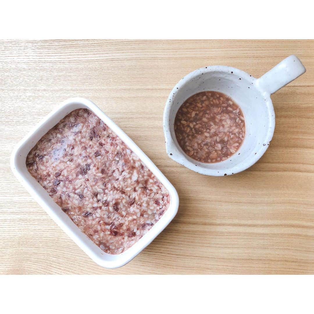 竹中友紀子のインスタグラム：「#発酵生活  先月小豆で仕込んだ甘味噌。(写真は仕込んだ直後のもの) そろそろ食べごろかな^ ^ 麹歩合20歩 塩分6%  右は小豆の茹で汁で仕込んだ甘酒。 いつもの甘酒がおしるこみたいな食感に。 今度は小豆も入れて一緒に醸してみよ♪」