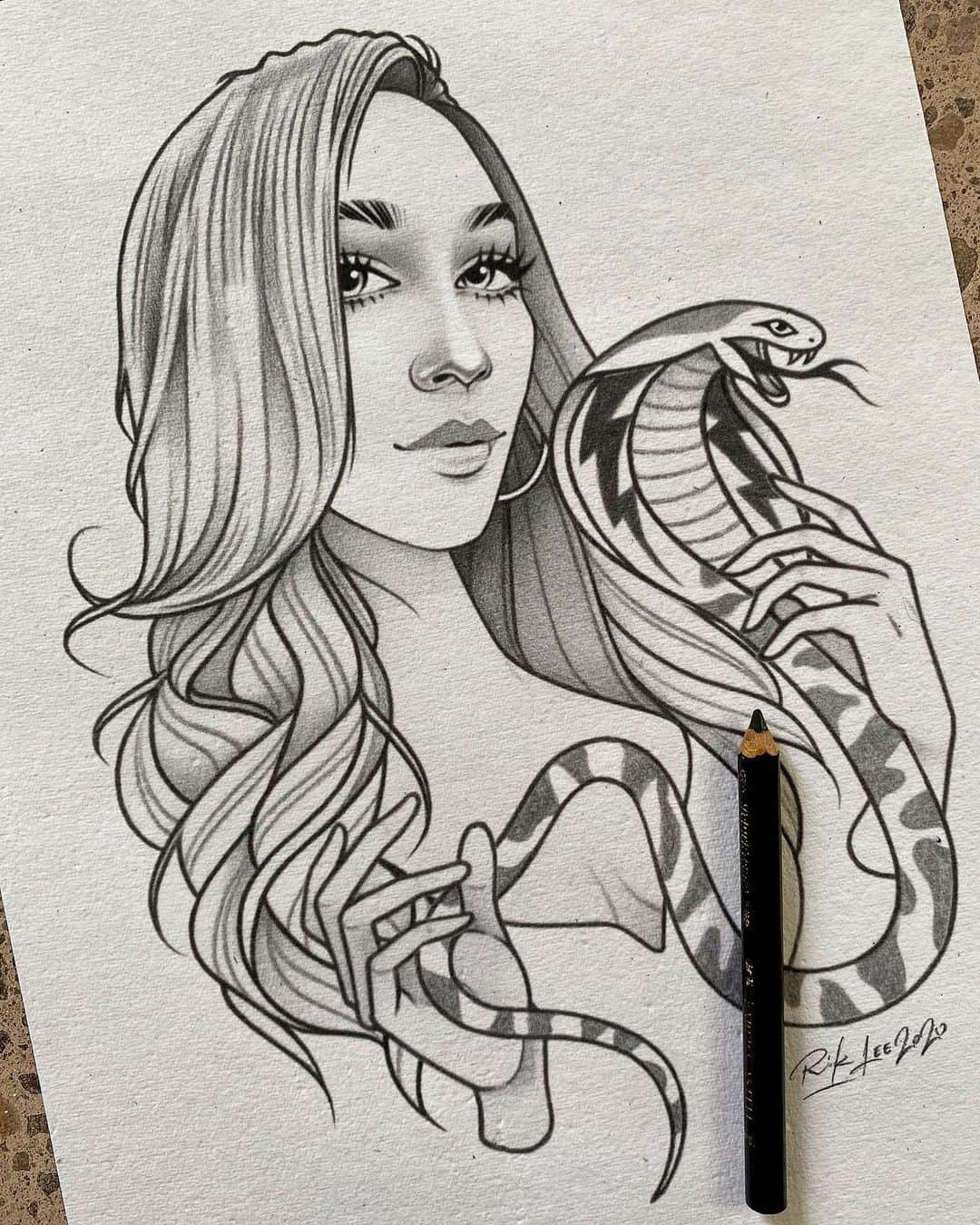 Rik Leeさんのインスタグラム写真 - (Rik LeeInstagram)「A fun portrait commission for @stacyrides from last week. . #riklee #illustration #art #portrait #sketch #snake #tattoo #babe #design #bali」4月20日 10時28分 - rikleeillustration