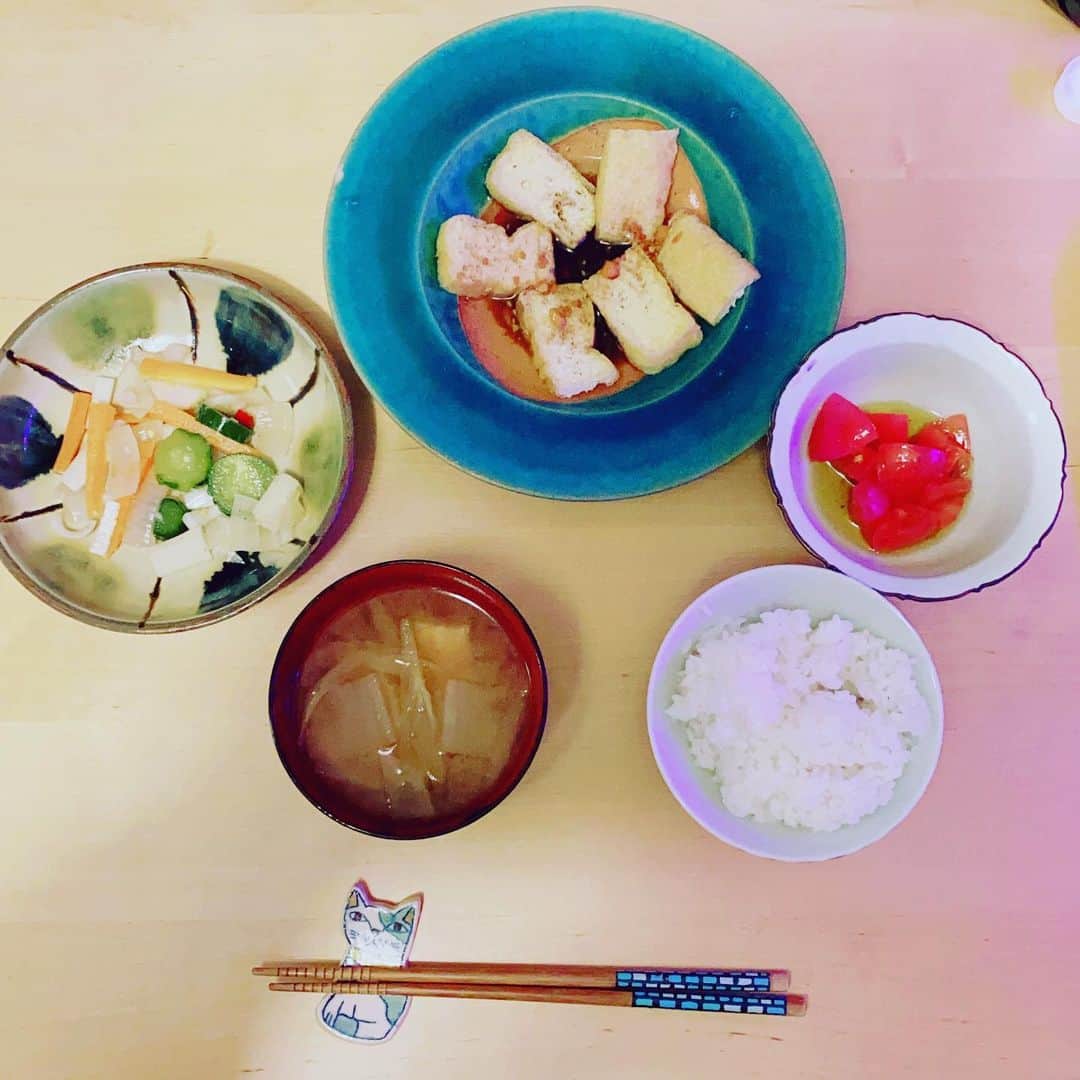 ただすけのインスタグラム：「今日は期せずベジタリアンな献立。 ただ焼いた厚揚げにかけた行き当たりばったり創作ソースがかなりのパンチ力でご飯が進みます☺️」