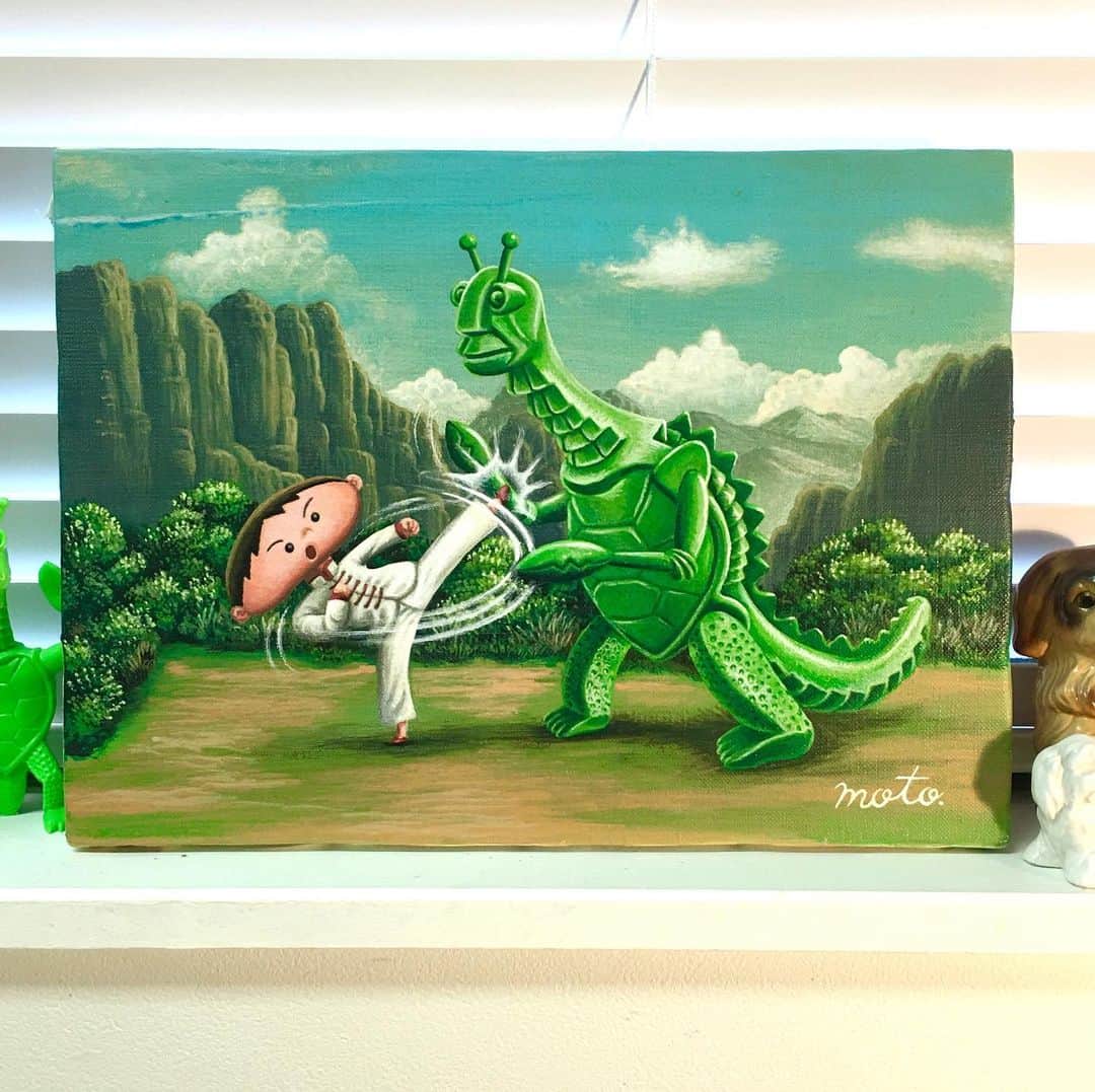 本秀康さんのインスタグラム写真 - (本秀康Instagram)「渋味と深み、躍動感を追加して「ジャッキーが闘いそうな場所で、緑の怪物に蹴りを入れる男」が完成しました。 #イラストレーション #painting #acrilicpainting #greenmonster #kungfu」4月20日 15時29分 - hideyasu_moto
