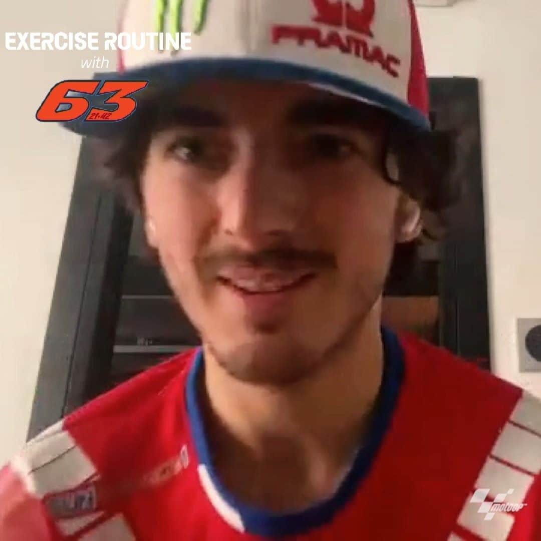 のインスタグラム：「When he's not winning Virtual Races, @pecco63 is staying fit at home! 😎 The @pramacracing rider talks us through his exercise routine! 💪 #FB63 #MotoGP #Motorsport #Motorcycle #Racing」