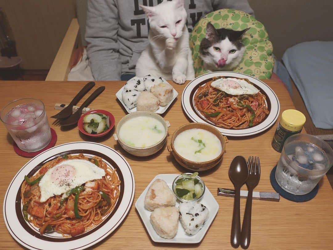 八、おこめさんのインスタグラム写真 - (八、おこめInstagram)「ナポリタン🍝 白菜とカブのミルクスープ。 パンなかったし冷凍ご飯でおにぎり。 セロリと胡瓜のピクルス。 2枚目の感じからすると今日は2人とも、今日の夕飯には興味あったんかなぁw #ナポリタン #八おこめ #ねこ部 #cat #ねこ #猫 #ネコ #八おこめ食べ物」4月21日 0時26分 - naomiuno