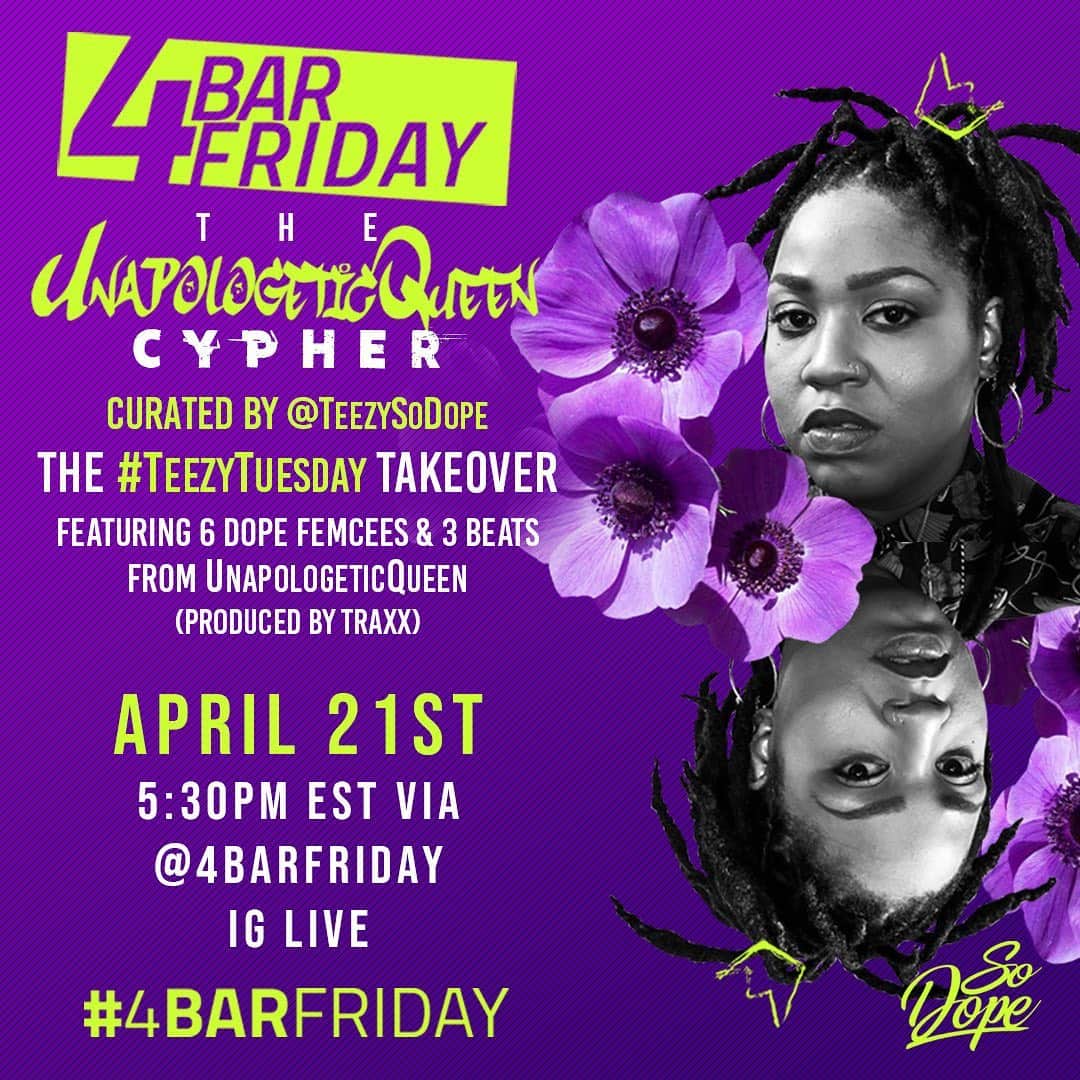 デイミアン・リラードのインスタグラム：「🚨 #4BarFriday OG @teezysodope is taking over the @4barfriday IG Live on Tuesday to host a special #TeezyTuesday Cypher with some of the female MCs in the community. Tap in to the @4barFriday account tomorrow at 2:30 PST/5:30 EST to see the cypher. 🎤」
