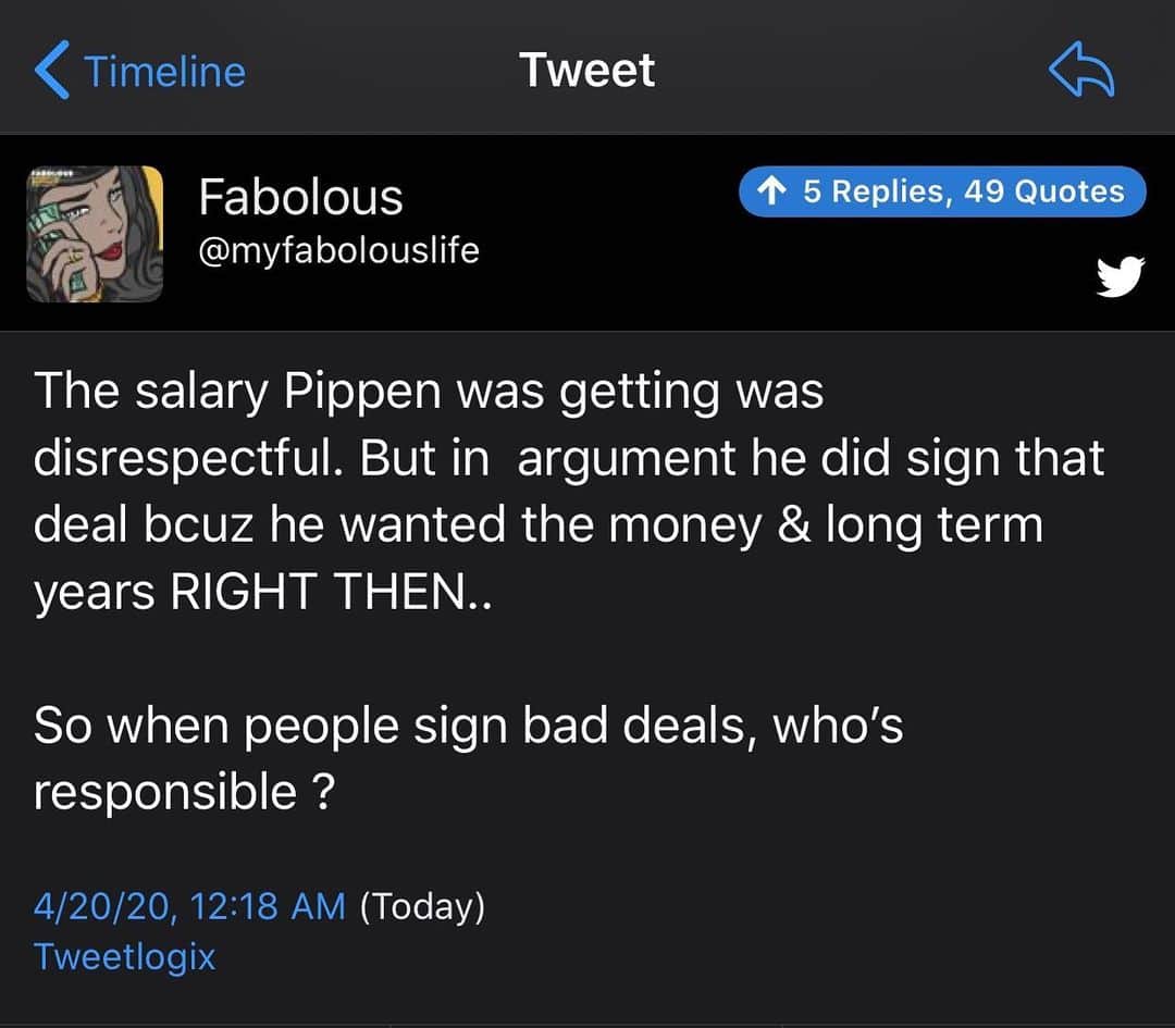 ファボラスのインスタグラム：「Was on Twitter last night after watching The Last Dance, I think everyone felt that Scottie Pippen deserved more money for what he contributed to the Chicago Bulls as a player, & 1 of the best in the NBA at the time.. Alot of factors tho, such as personal needs for Pippen & his family, different salary cap limits then, front office issues with players & coaches, another Superstar teammate, & the negotiating leverage.. But in this case of the “Bad Deal”, who is at fault?  1. Pippen for rushing to sign for the money & selling himself short for such  a long term contract ?  2. Pippen’s Agents for not shutting down this deal (even tho if the client wanna accept theres nothing AGENTS can do) Or putting renegotiation clauses per future performances ?? 3. Chicago Bulls for not renegotiating with Pippen after his performance warranted more? And not keeping one of their top players happy ??」