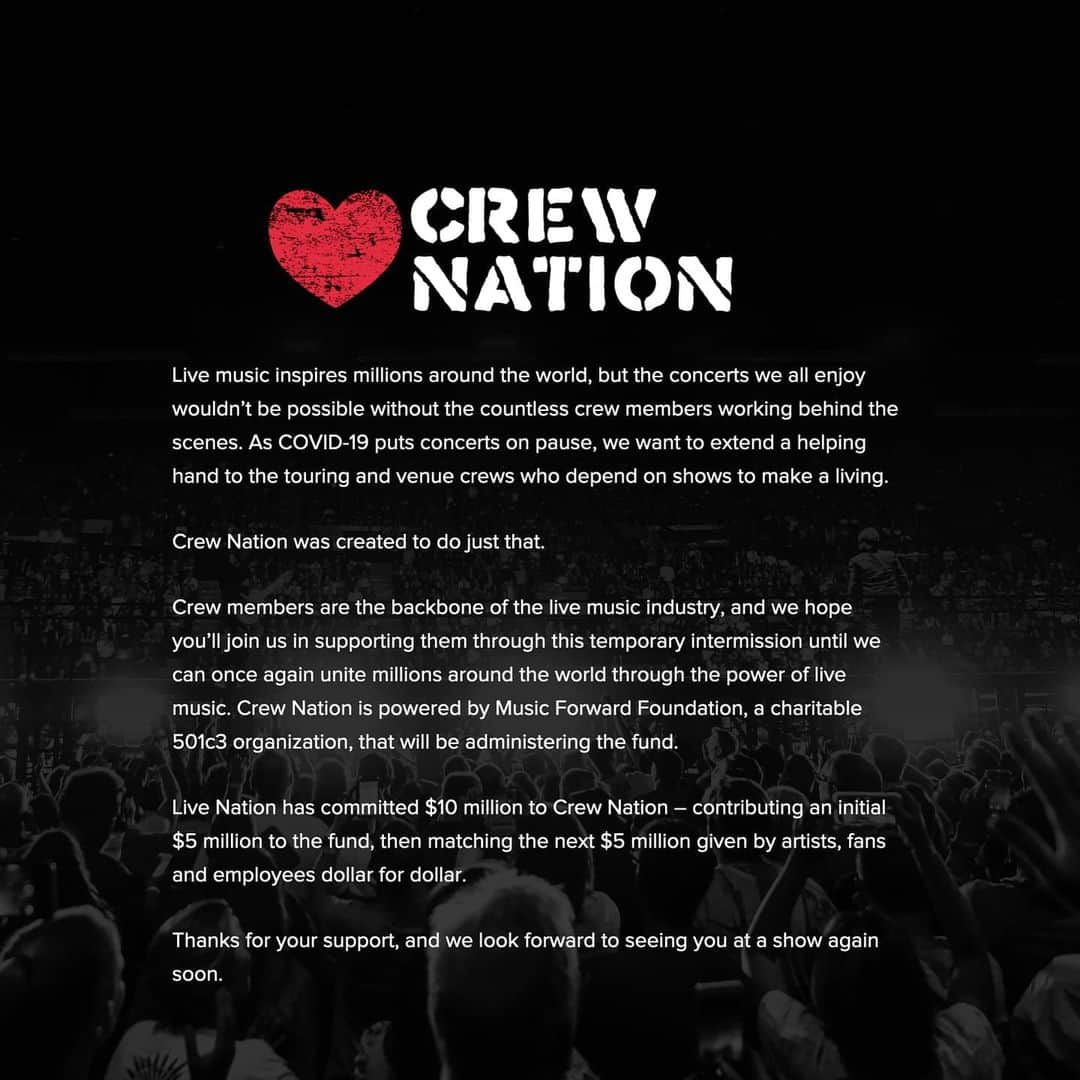 大石 征裕さんのインスタグラム写真 - (大石 征裕Instagram)「今日届きました！  米国LIVE NATIONが中心で、コンサートクルーに支援金を！CREW NATION! 日本の業界もやれればいいですね！ 「クルーネーション基金は、COVID-19のためにショーが一時停止されているため、直接影響を受けたライブミュージックのクルーをサポートするためのものです。 以下のCrew Nation基金から資金援助を申請できます。 https://www.livenationentertainment.com/crewnation/」 #stayhome #stayathome #家にいよう　#マスクを医療従事者に」4月21日 15時41分 - oishi_masahiro