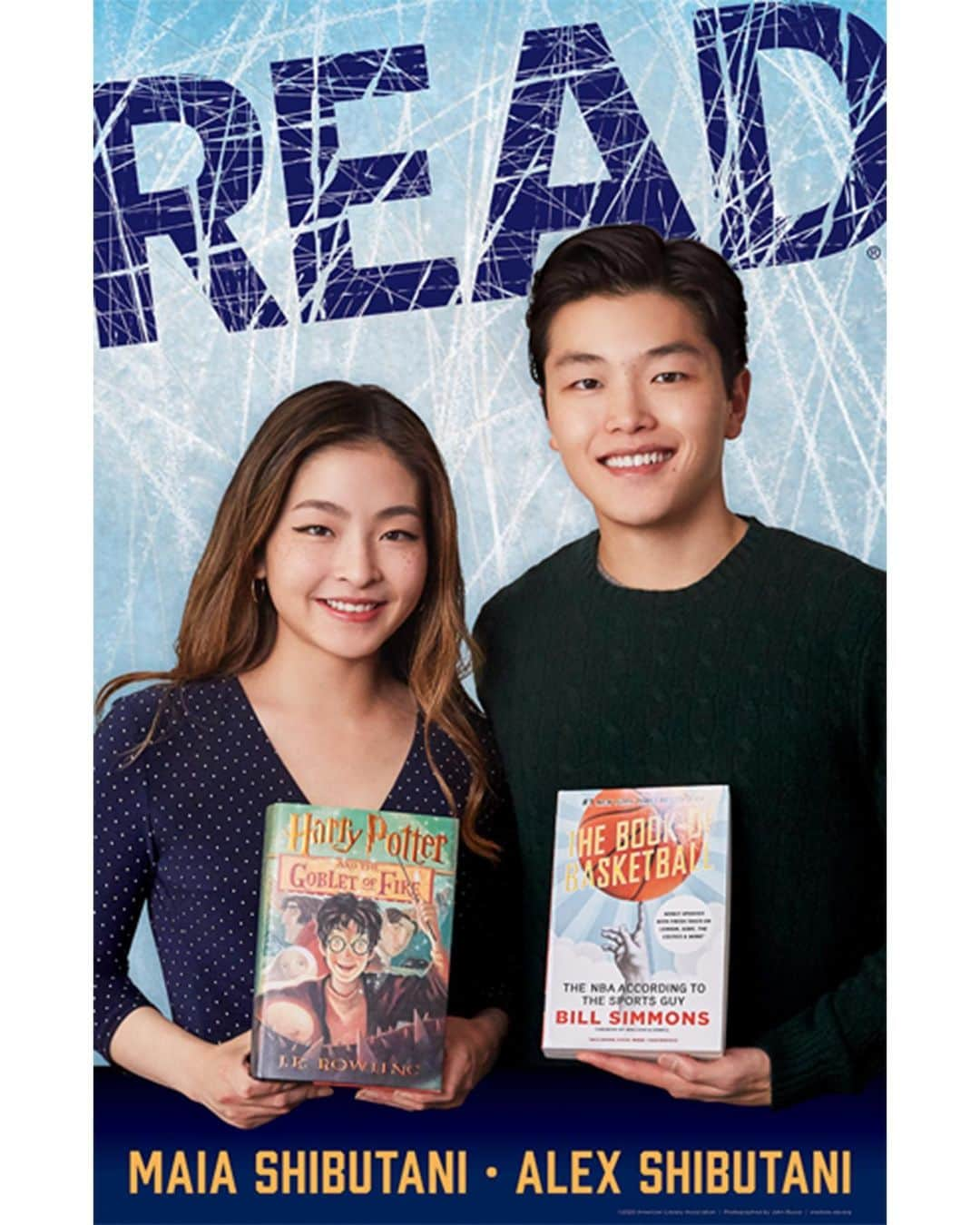 マイア・シブタニのインスタグラム：「Surreal!! @alexshibutani and I did this photoshoot in November, but I still can’t believe we have our own “READ” poster and we’re the 2020 American Library Association #NationalLibraryWeek Honorary Chairs. Times are definitely different than we anticipated, but I am so excited to celebrate and highlight libraries this week. While you may not be able to visit your local library now, check out their website for access to FREE media and activities. For this poster, we each got to hold one of our favorite books. It was SO hard to pick just one, but I chose "Harry Potter and the Goblet of Fire” because when I was a kid, the Quidditch World Cup and Triwizard Tournament always reminded me of the Olympics. What’s your favorite #HarryPotter book? 🧙🏼‍♂️🏰 🦁⚡️🧹🦉🏆」