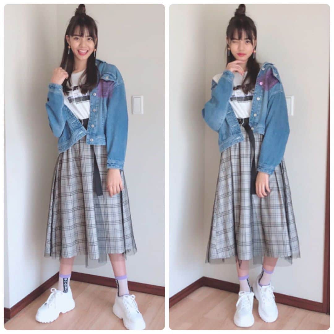 ニコ☆プチのインスタグラム：「👗✨👠👒💎﻿ ﻿ ﻿ お家でファッションショー👠﻿ ﻿ 少し大人っぽいワンピースにあわせたGジャンは後ろのフォトプリントがオススメ💜﻿ Tシャツ×スカートのコーデもスッキリ見えて活躍しそう⸜☺️⸝﻿ ﻿ オシャレしてお出かけできる日を楽しみにしながら﻿ みんなのコーデも参考にしたいな( ¨̮ )❤️﻿ ﻿ ﻿ ミヅキより♡﻿ ﻿ ﻿ ﻿ #ネットプチコレ﻿ #おうちでファッションショー﻿ #ニコプチ﻿ #美月」