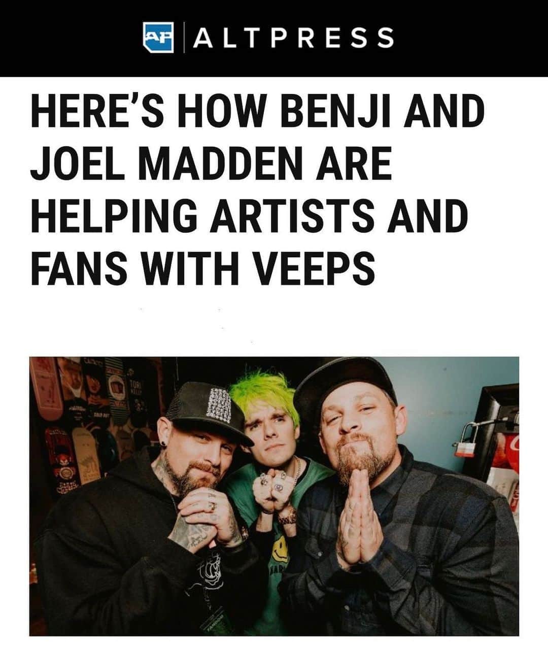 ジョエル・マッデンのインスタグラム：「Thanks @altpress for supporting @veepsofficial - It is a critical time for bands and their touring families, as well as the people working in and around music...it will always be the support of music fans that carry them through. I’m thankful i get to witness even a small part of it. 🙏🏼❤️」