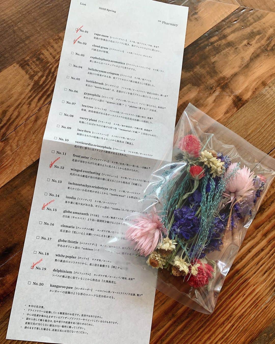 竹中夏海さんのインスタグラム写真 - (竹中夏海Instagram)「@ew_pharmacy でorder-made POST FLOWER 2020 springオーダーした🌼🥭🌼🥭 オンラインでも数種類の中から自分で 5種選べるからうれし🦖🦖💓 ・ 淡いピンクのシルバーデイジーの花言葉は「平和/希望」なんだって。時流〜 ・ はやく近所のドライフラワー屋さんにも行けるように なりたいなぁ #ewpharmacy #ordermadepostflower #dryflower」4月21日 16時56分 - tknkntm