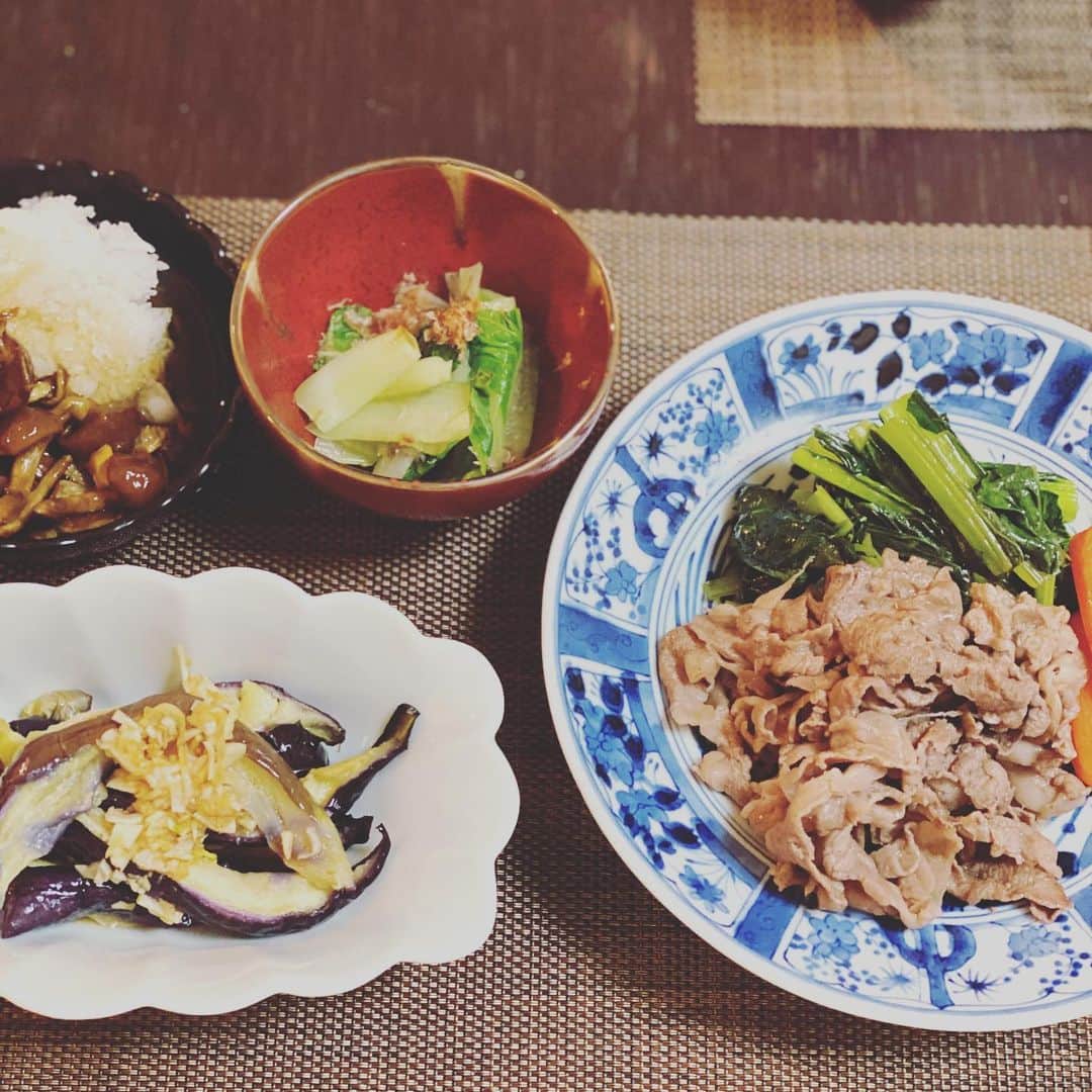 荻原和歌のインスタグラム：「晩ごはん。 しんとり菜のおひたしはみずみずしくてお醤油さえいらない。鰹節だけ。 揚げなすの中華風。庄内なめこのなめこおろし、小松菜のペペロンチーノと牛肉焼いたもの。人参グラッセ。 竹の露も少し。 すごく我が家っぽいごはんです  #おこもり生活  #おこもりごはん  #ばんごはん  #くらしを楽しむ  #野菜たっぷり  #晩酌」