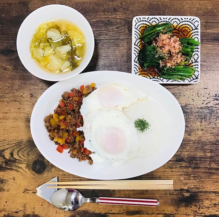 千眼美子さんのインスタグラム写真 - (千眼美子Instagram)「・ 〜LINE BLOGのThe炊から〜 パプリカガパオライス。 じゃがいもと白菜のスープ。 ほうれん草のおひたし。 #自炊 #料理 #ごはん #夕飯 #千眼美子LINEBLOG」4月21日 21時52分 - yoshiko_sengen