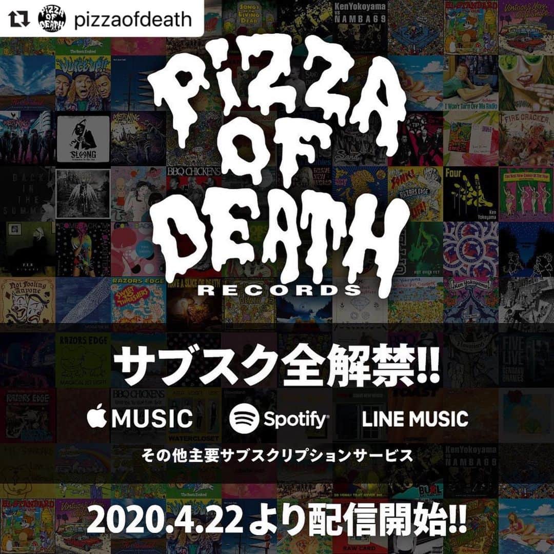 Larry のインスタグラム：「PODからリリースした「再録ベスト」「激情」などのタイトルがサブスクにて解禁。レッツビギン！  #applemusic  #spotify  #linemusic  #Repost @pizzaofdeath with @make_repost ・・・ 【Breaking NEWS】  PIZZA OF DEATH REOCRDS  及び傘下レーベル  全100タイトル  計1127曲サブスク解禁！  特設サイトでは、各タイトルにレビューが書けます！  https://subsc.pizzaofdeath.com  思い思いの書き込みお待ちしてます！ ※配信先によっては配信まで多少時差があるようです予めご了承ください」